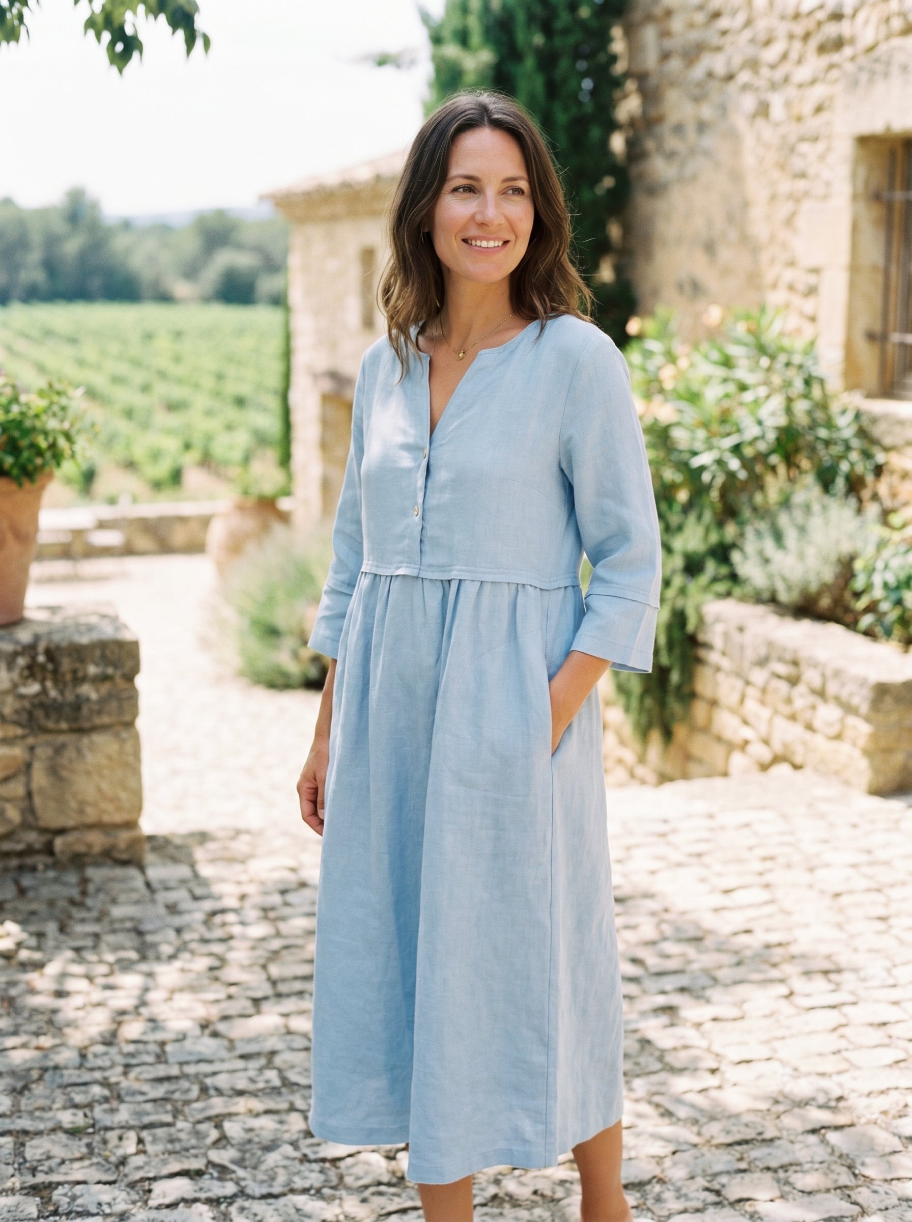 100% Linen Loose Fit Button Waist Gathered Midi Dress LUNA DestGlow