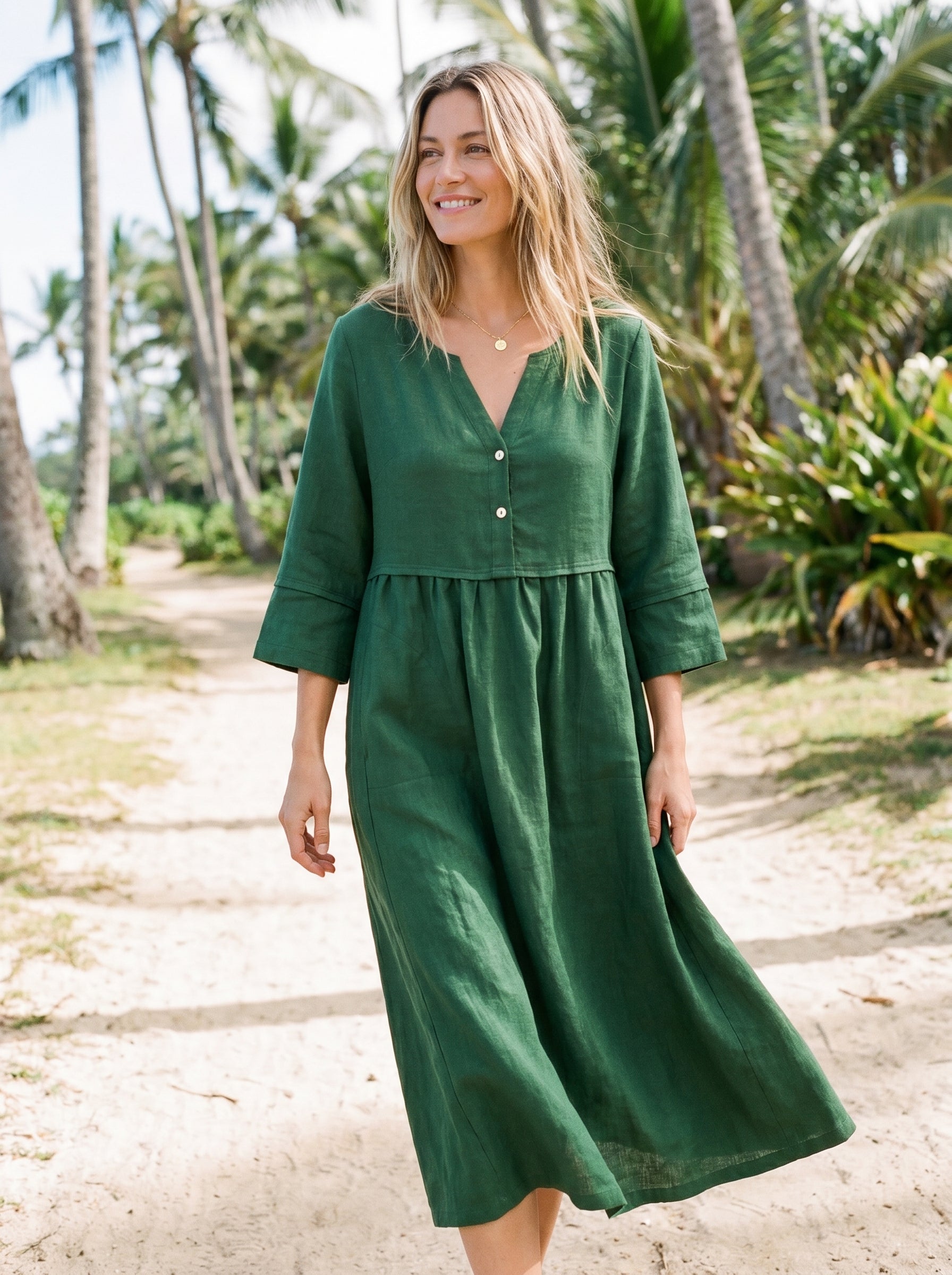 100% Linen Loose Fit Button Waist Gathered Midi Dress LUNA DestGlow