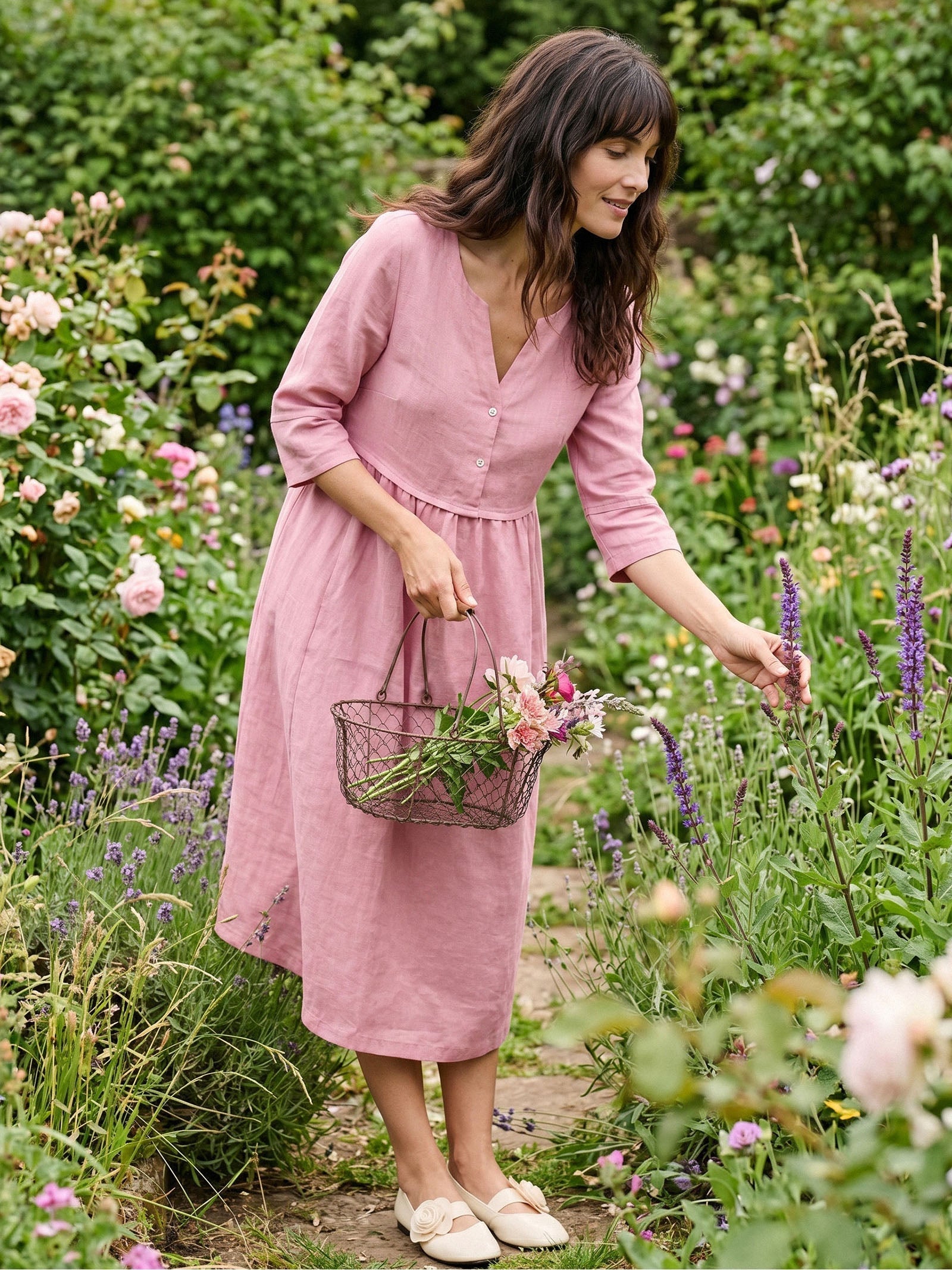 100% Linen Loose Fit Button Waist Gathered Midi Dress LUNA DestGlow