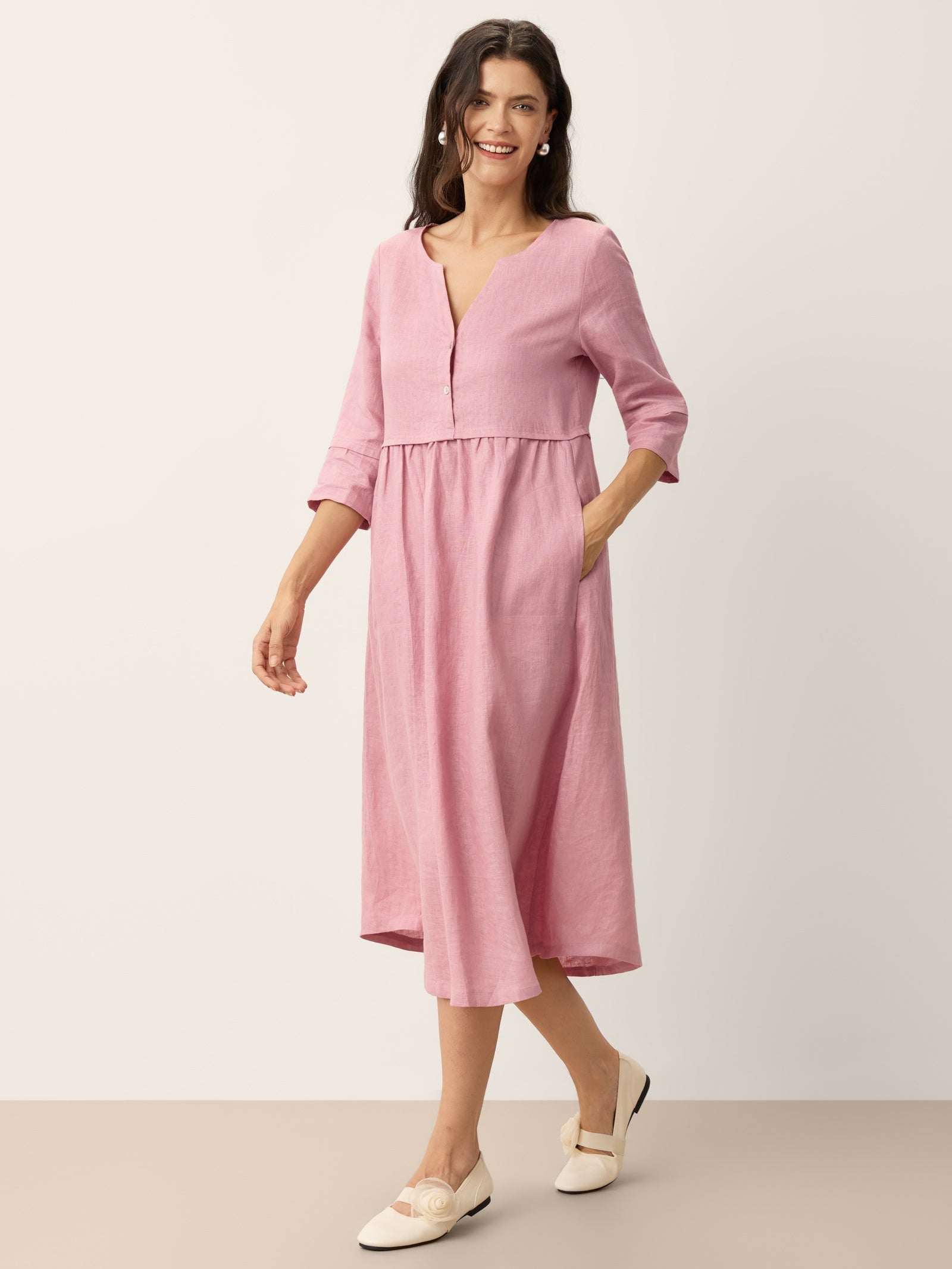 100% Linen Loose Fit Button Waist Gathered Midi Dress LUNA DestGlow