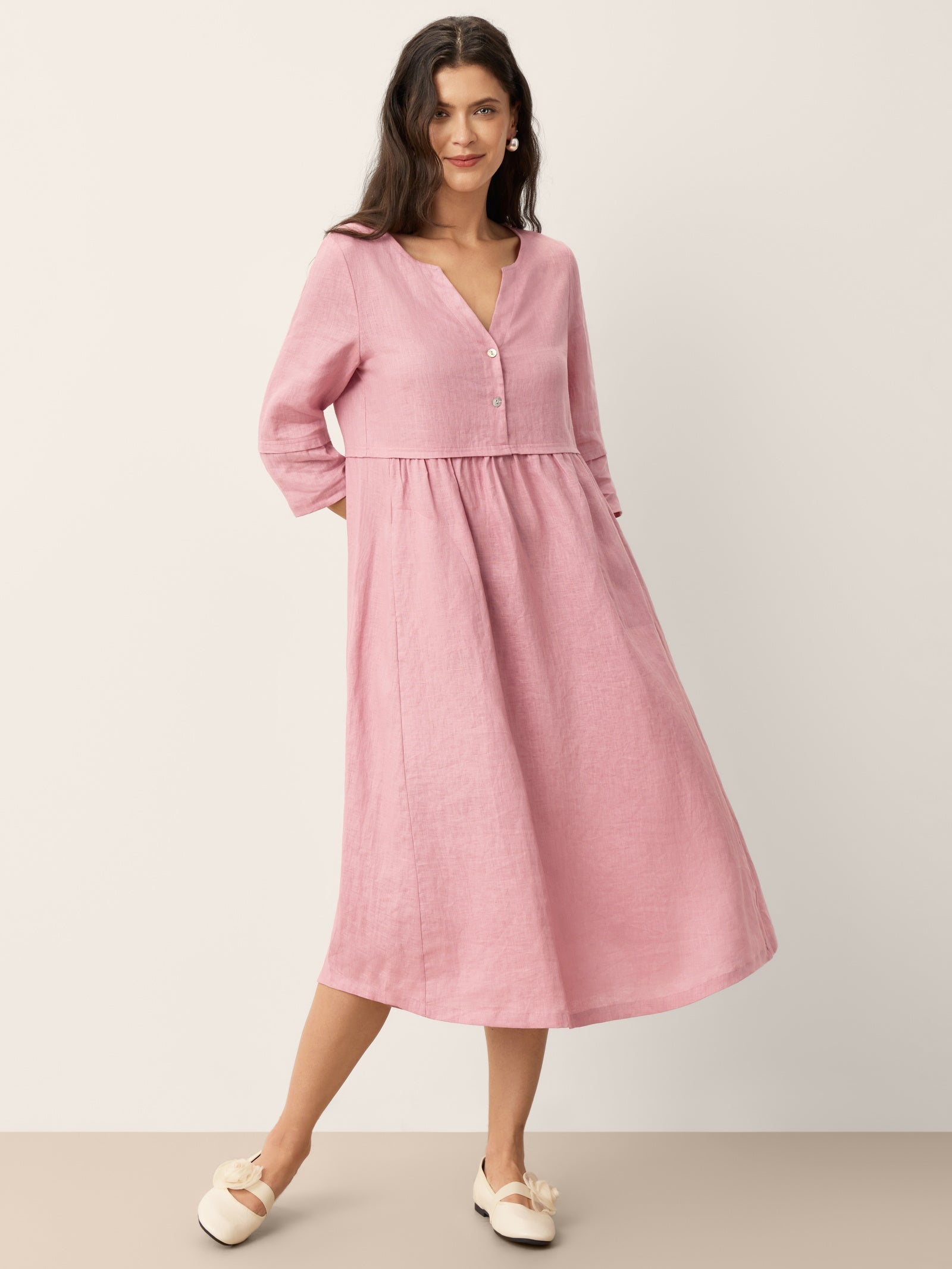 100% Linen Loose Fit Button Waist Gathered Midi Dress LUNA DestGlow
