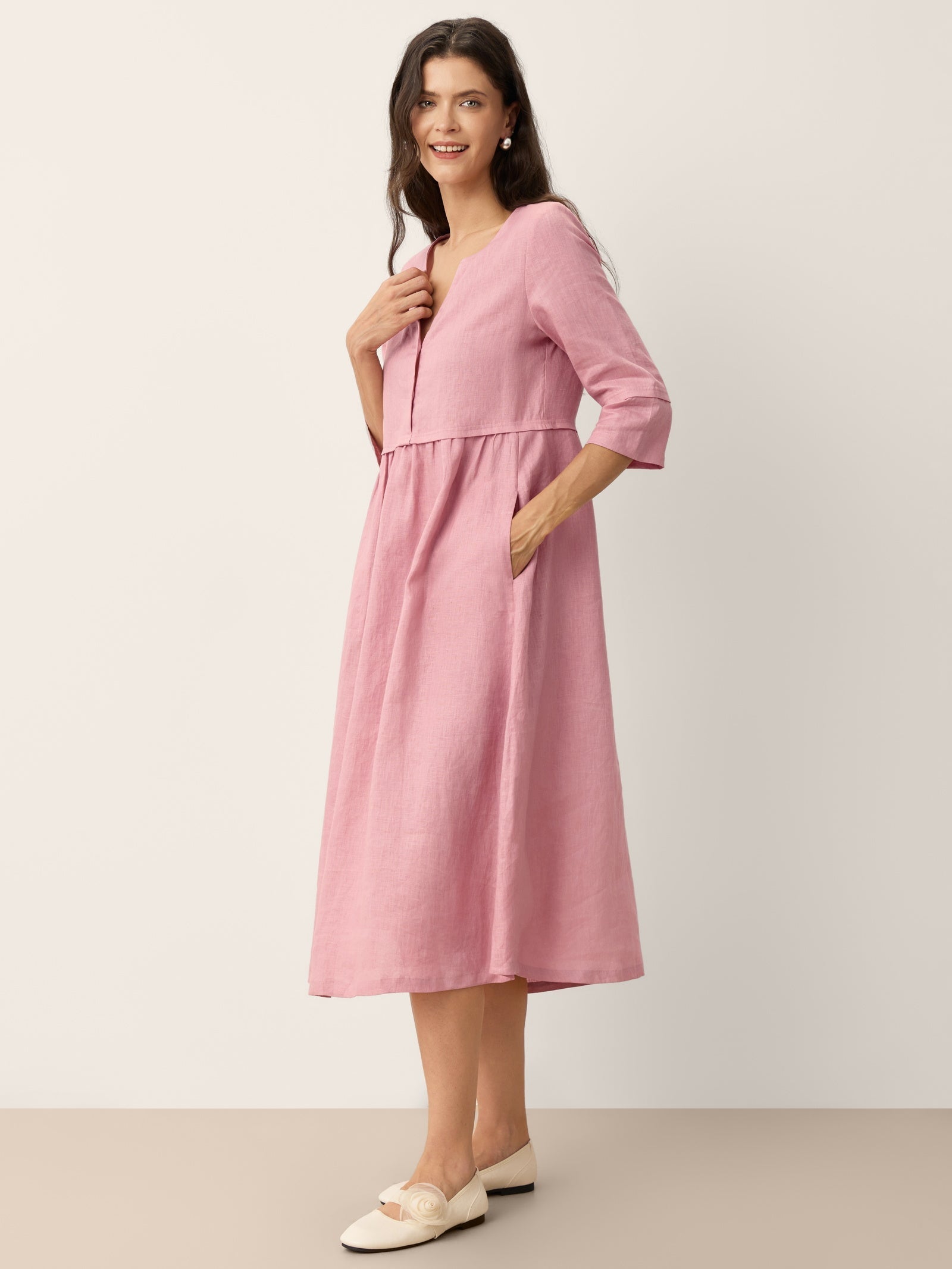 100% Linen Loose Fit Button Waist Gathered Midi Dress LUNA DestGlow