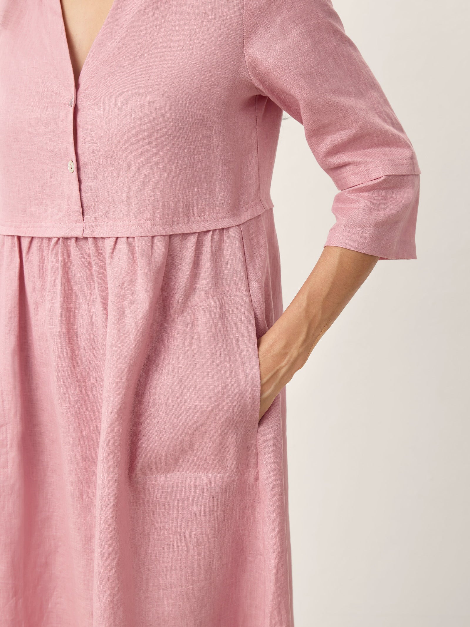 100% Linen Loose Fit Button Waist Gathered Midi Dress LUNA DestGlow