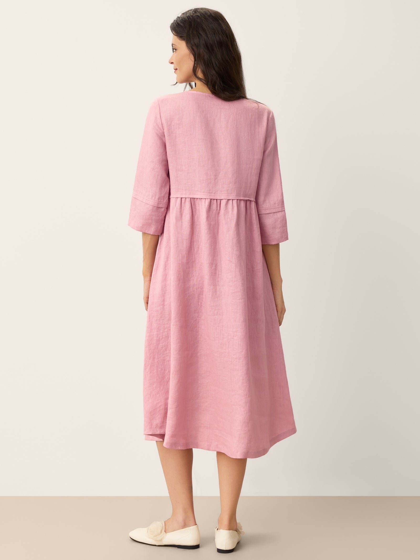 100% Linen Loose Fit Button Waist Gathered Midi Dress LUNA DestGlow