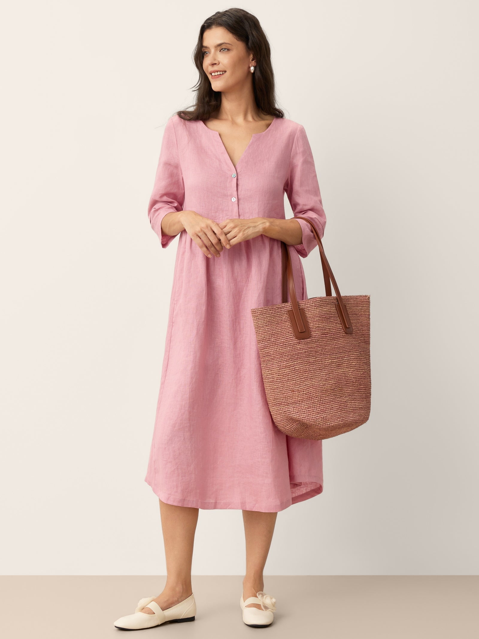 100% Linen Loose Fit Button Waist Gathered Midi Dress LUNA DestGlow