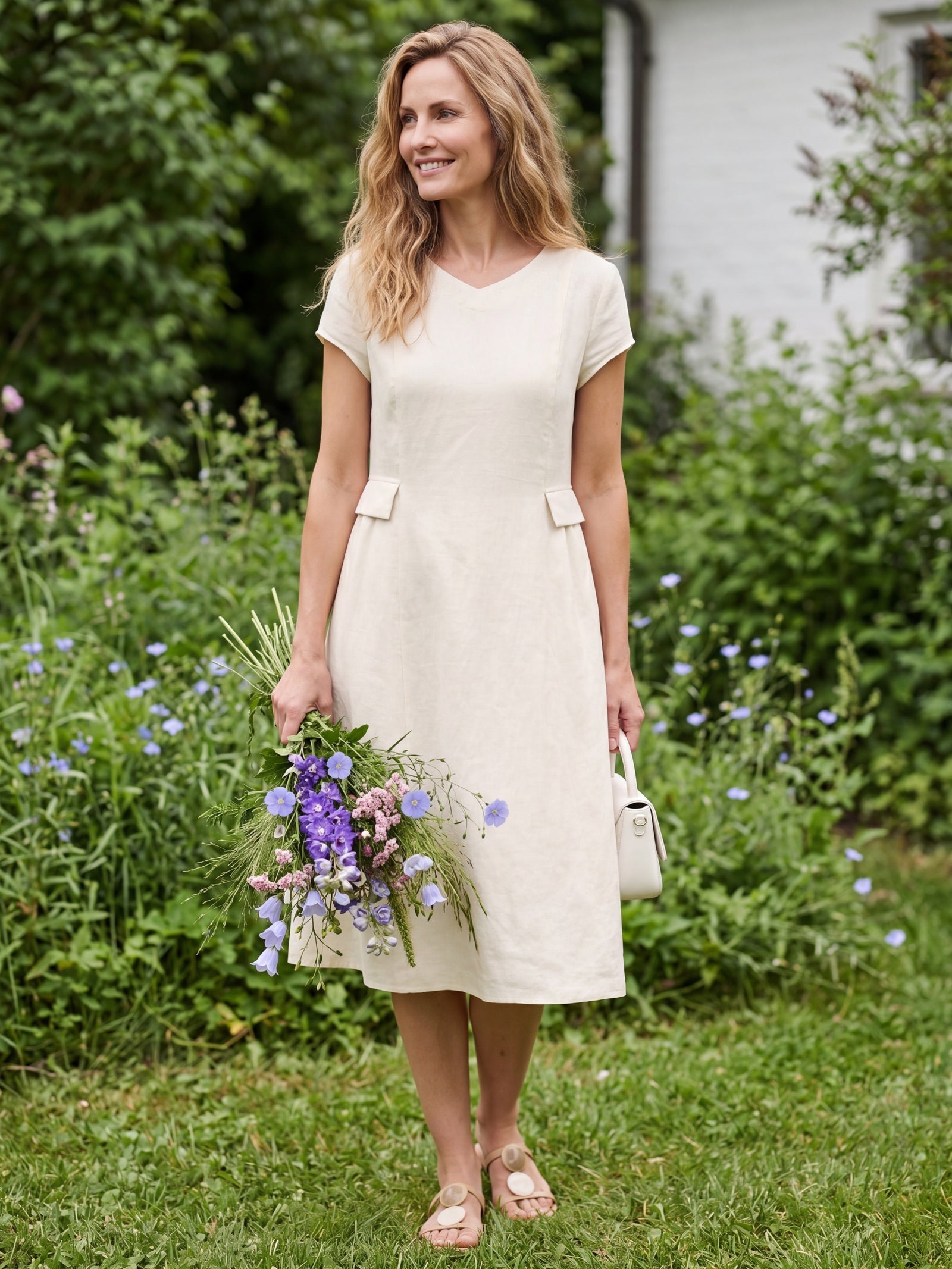 100% Linen Natural Summer V-Neck Dress ALEXA by LINTICO