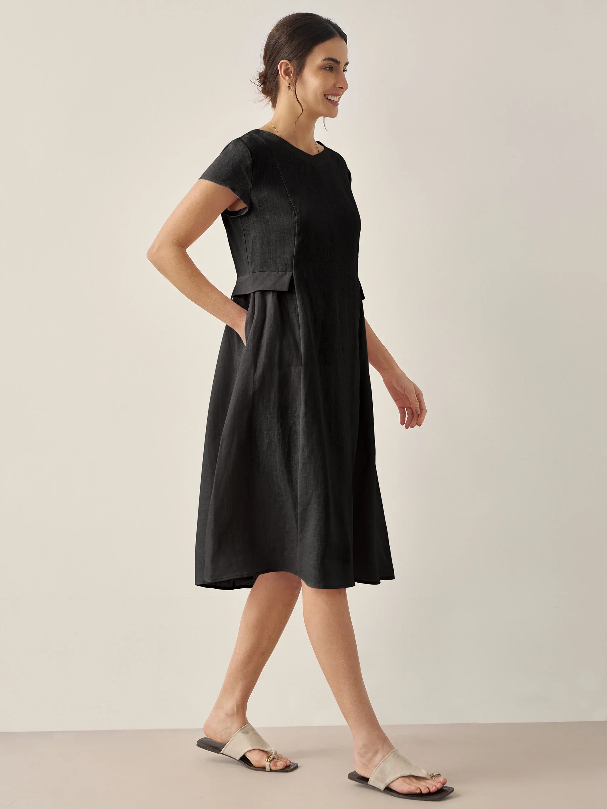 100% Linen Natural Summer V-Neck Dress ALEXA DestGlow