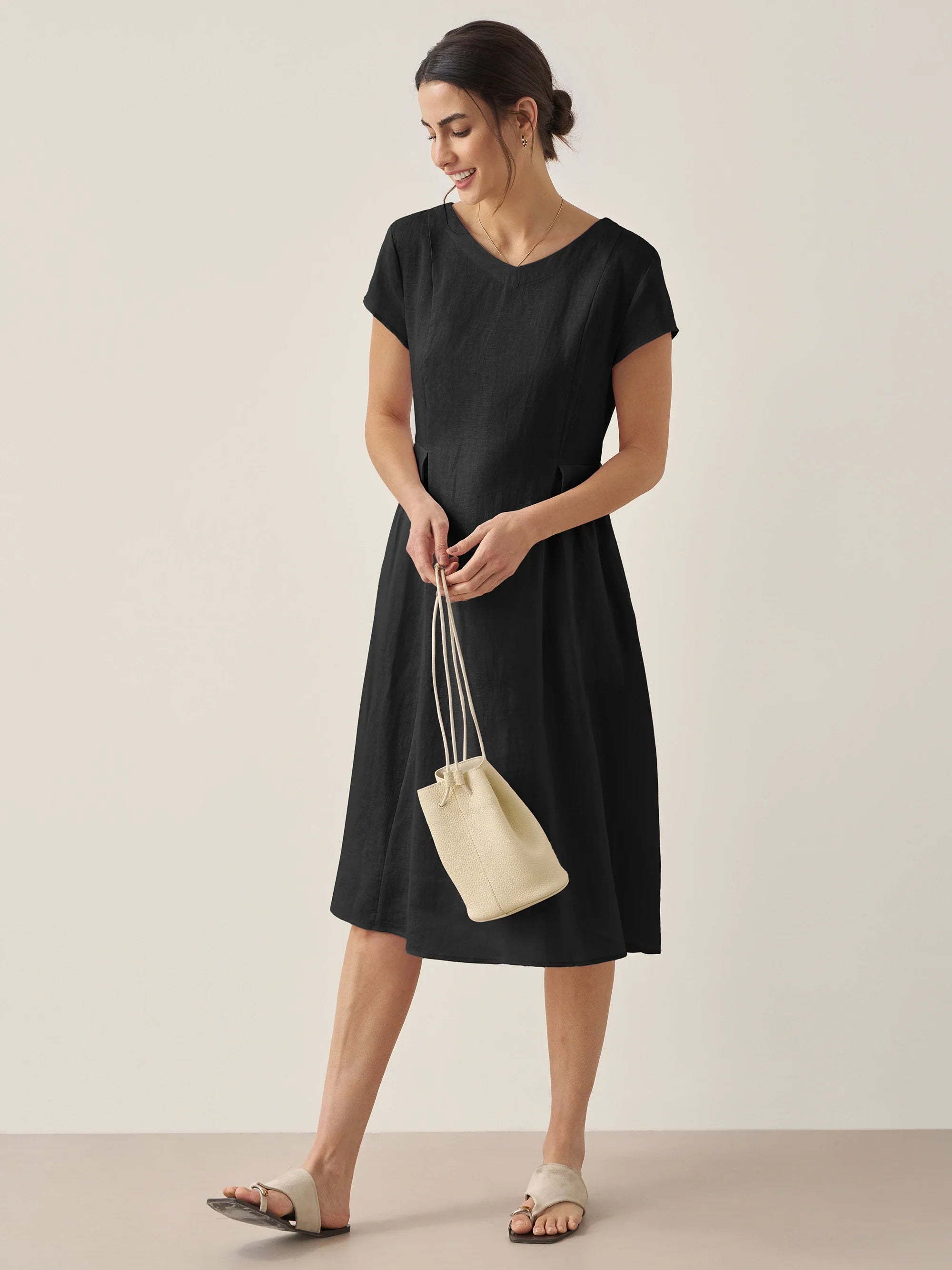 100% Linen Natural Summer V-Neck Dress ALEXA by LINTICO