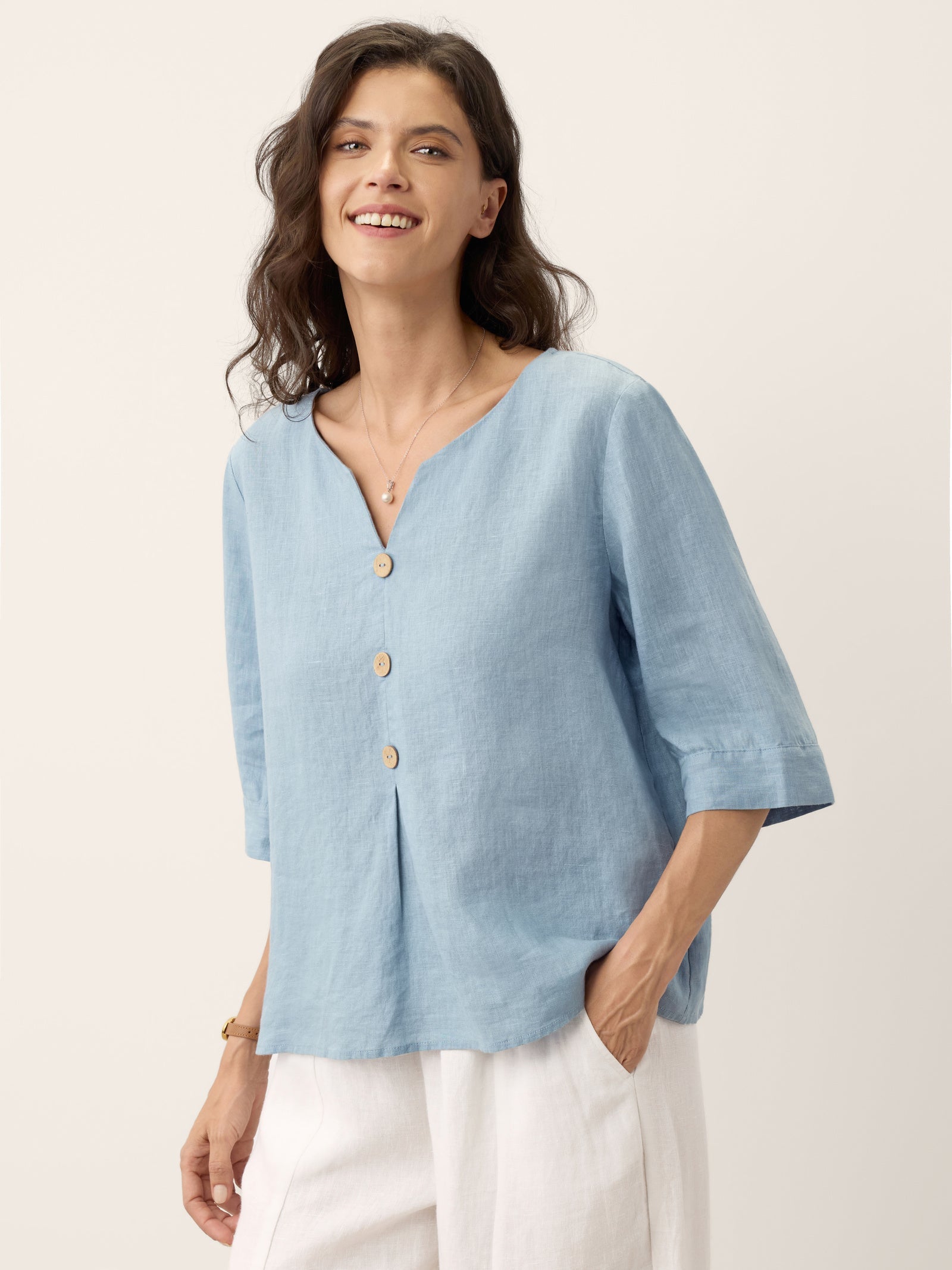 100% Linen Split Neck Inverted Pleat Top TABITHA by LINTICO