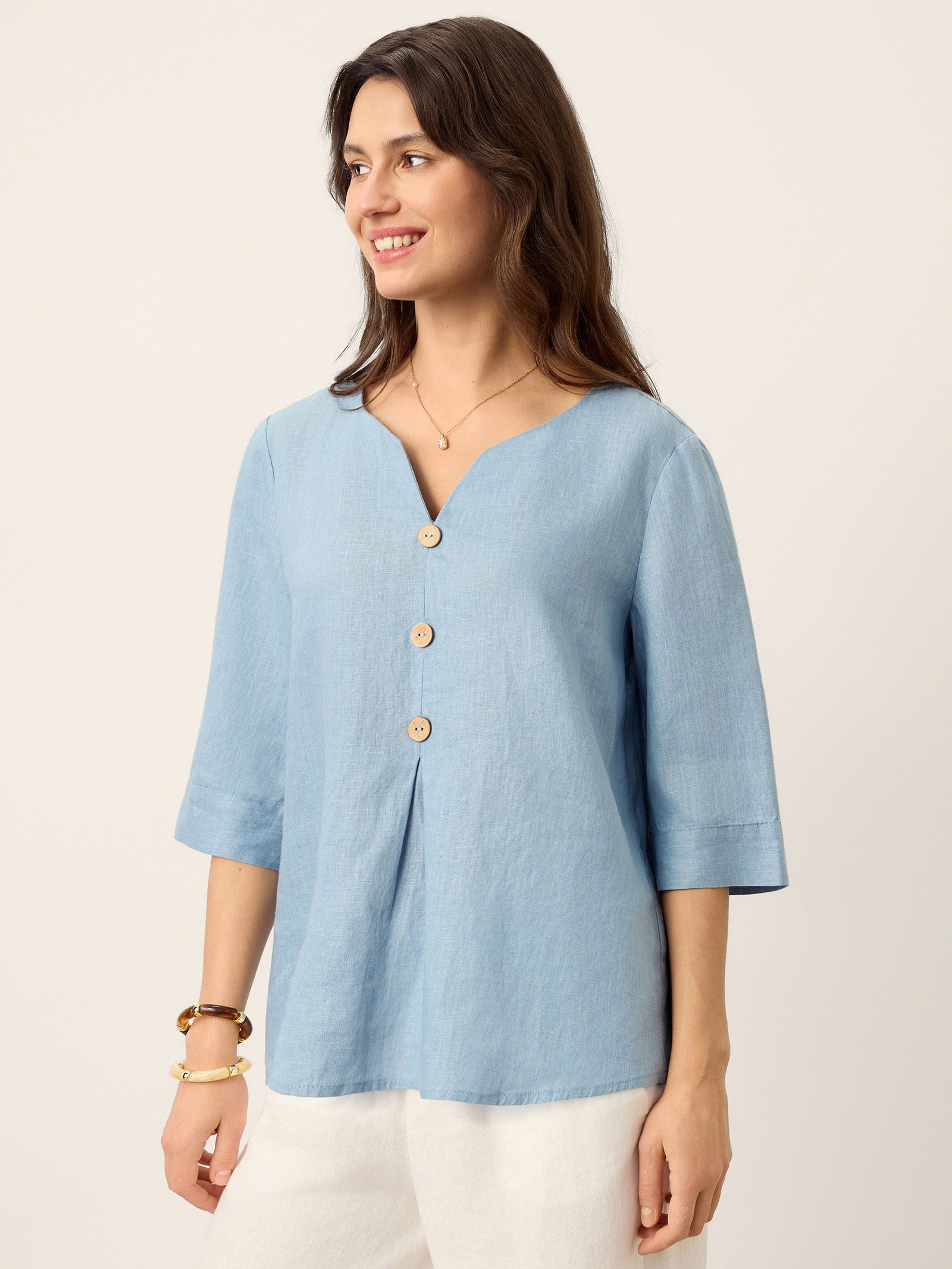 100% Linen Split Neck Inverted Pleat Top TABITHA by LINTICO