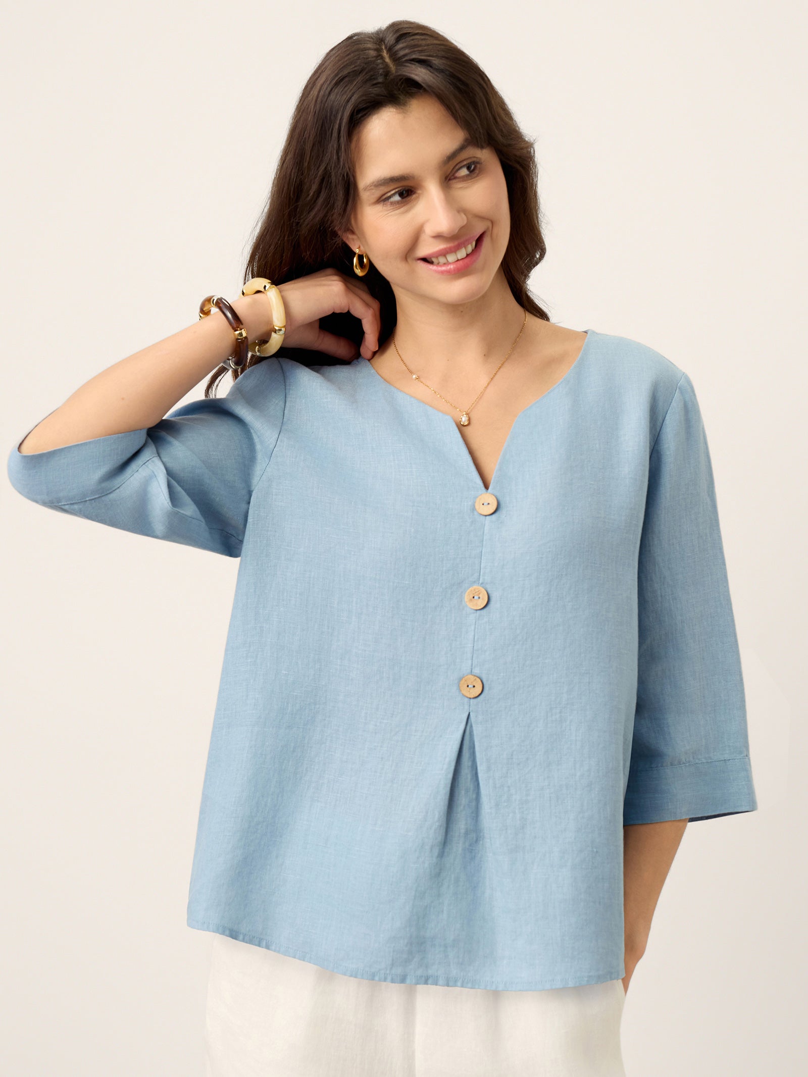 100% Linen Split Neck Inverted Pleat Top TABITHA by LINTICO