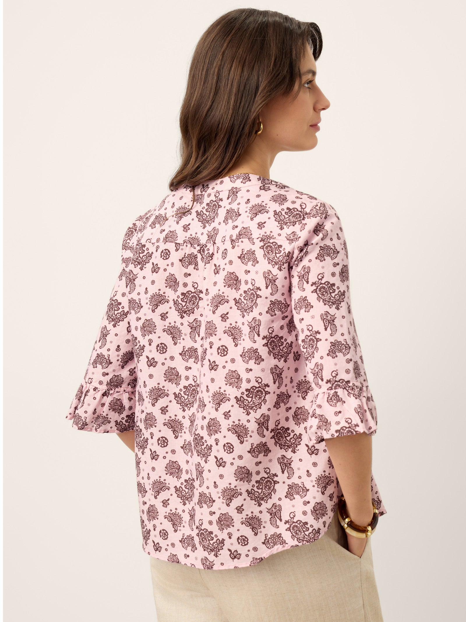 Linen Paisley Pintucked Ruffle-Cuff Curved Hem Blouse ILARIA by LINTICO