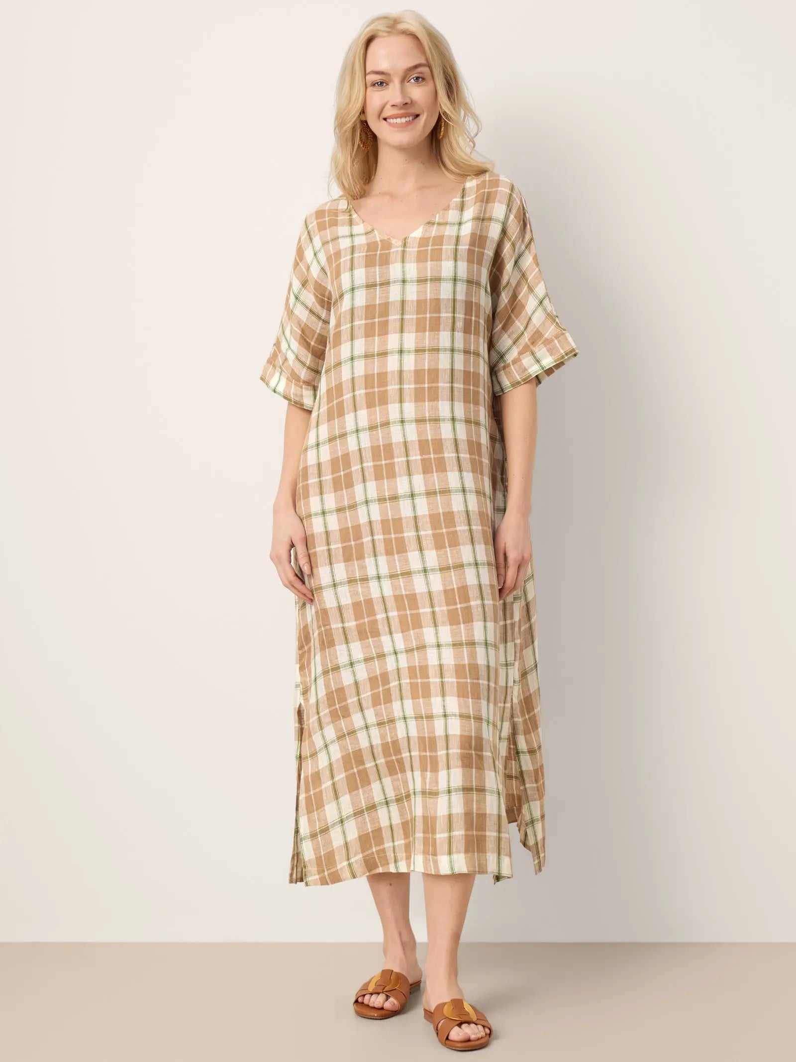100% Linen Plaid Deep V-Neck Drop Shoulder Side Slit Midi Dress LESLIE by LINTICO