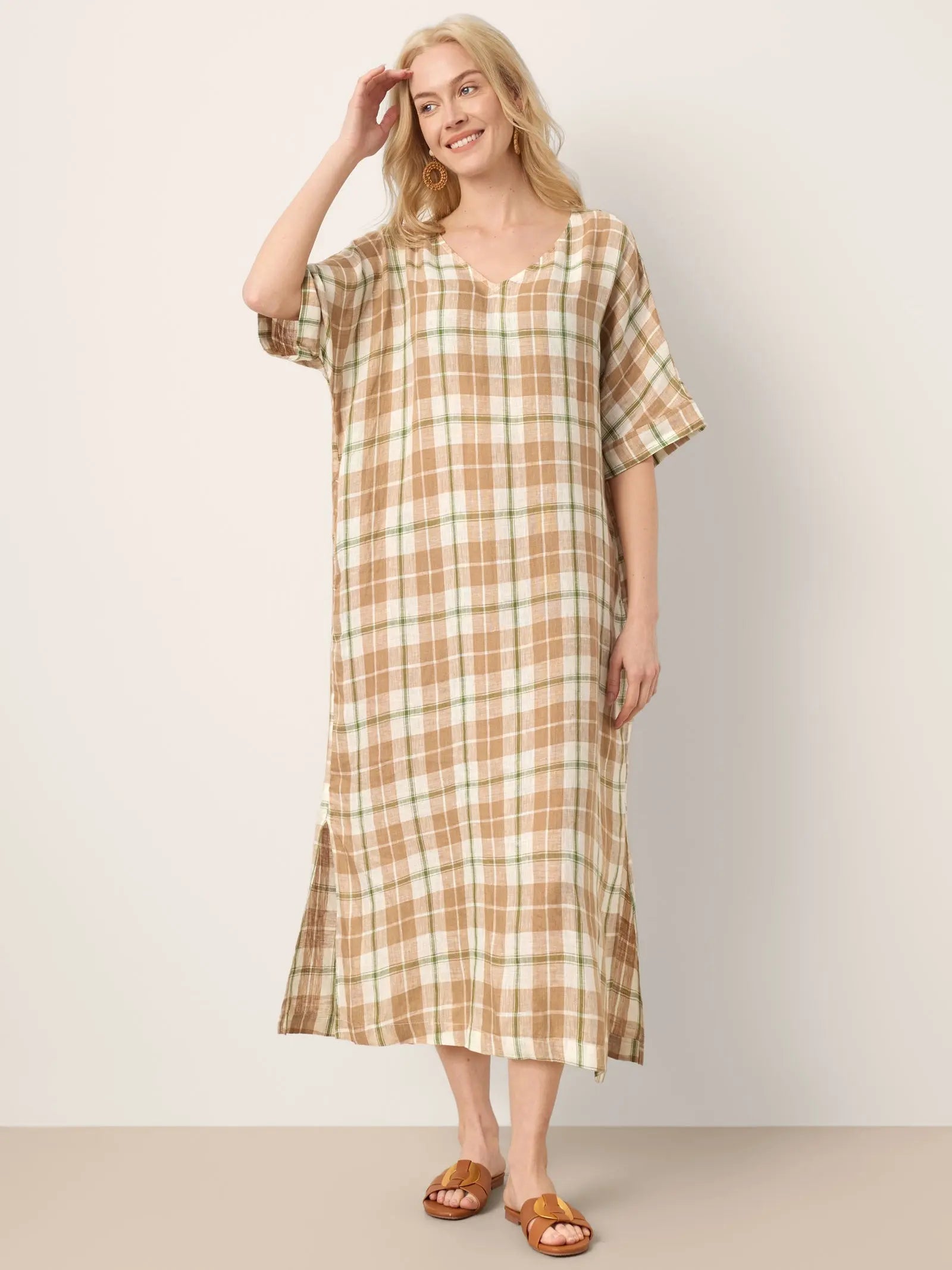 100% Linen Plaid Deep V-Neck Drop Shoulder Side Slit Midi Dress LESLIE by LINTICO