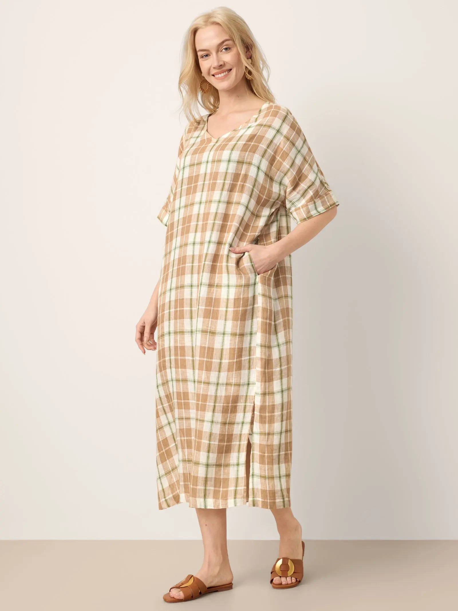 100% Linen Plaid Deep V-Neck Drop Shoulder Side Slit Midi Dress LESLIE by LINTICO