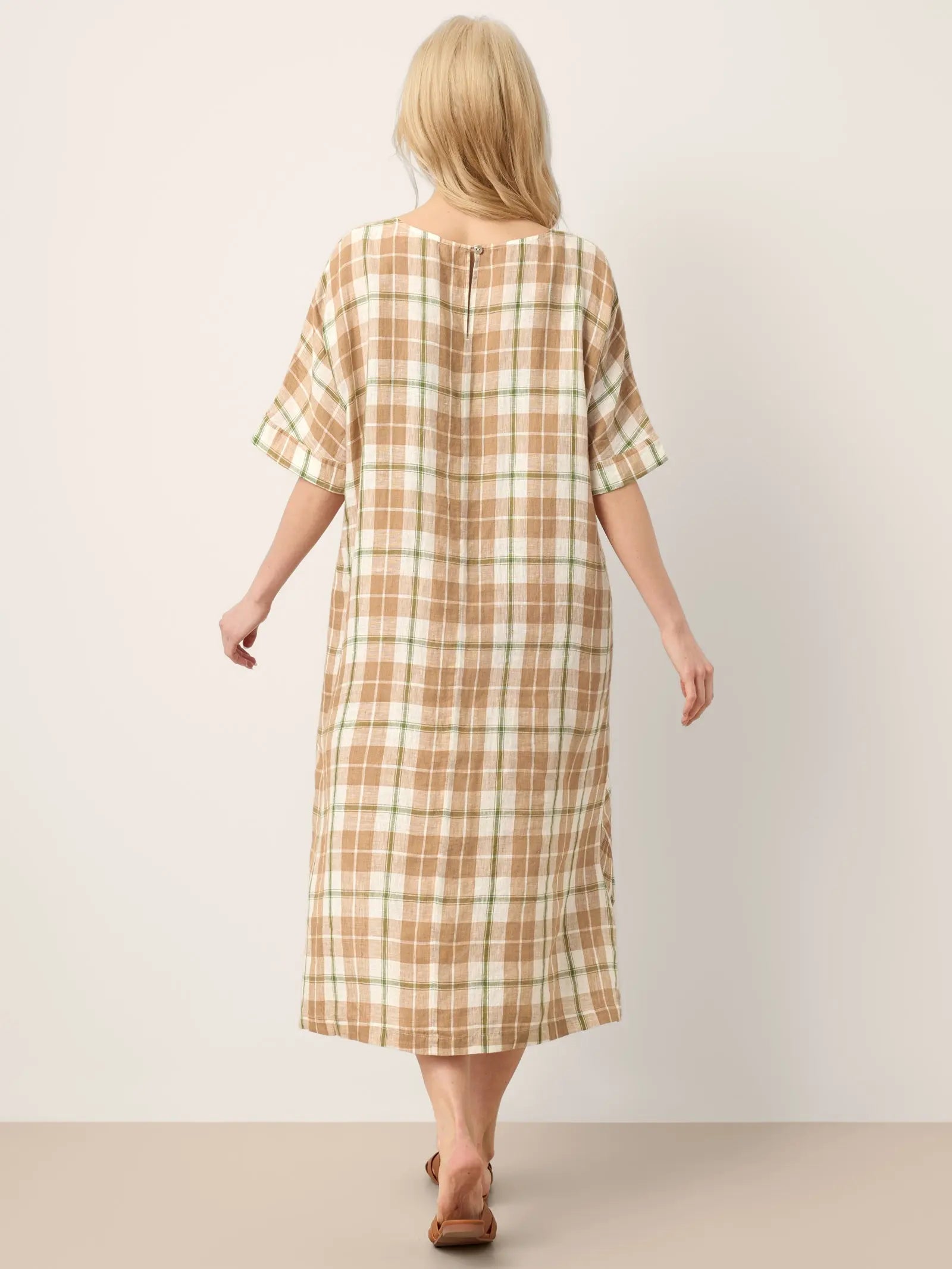100% Linen Plaid Deep V-Neck Drop Shoulder Side Slit Midi Dress LESLIE by LINTICO