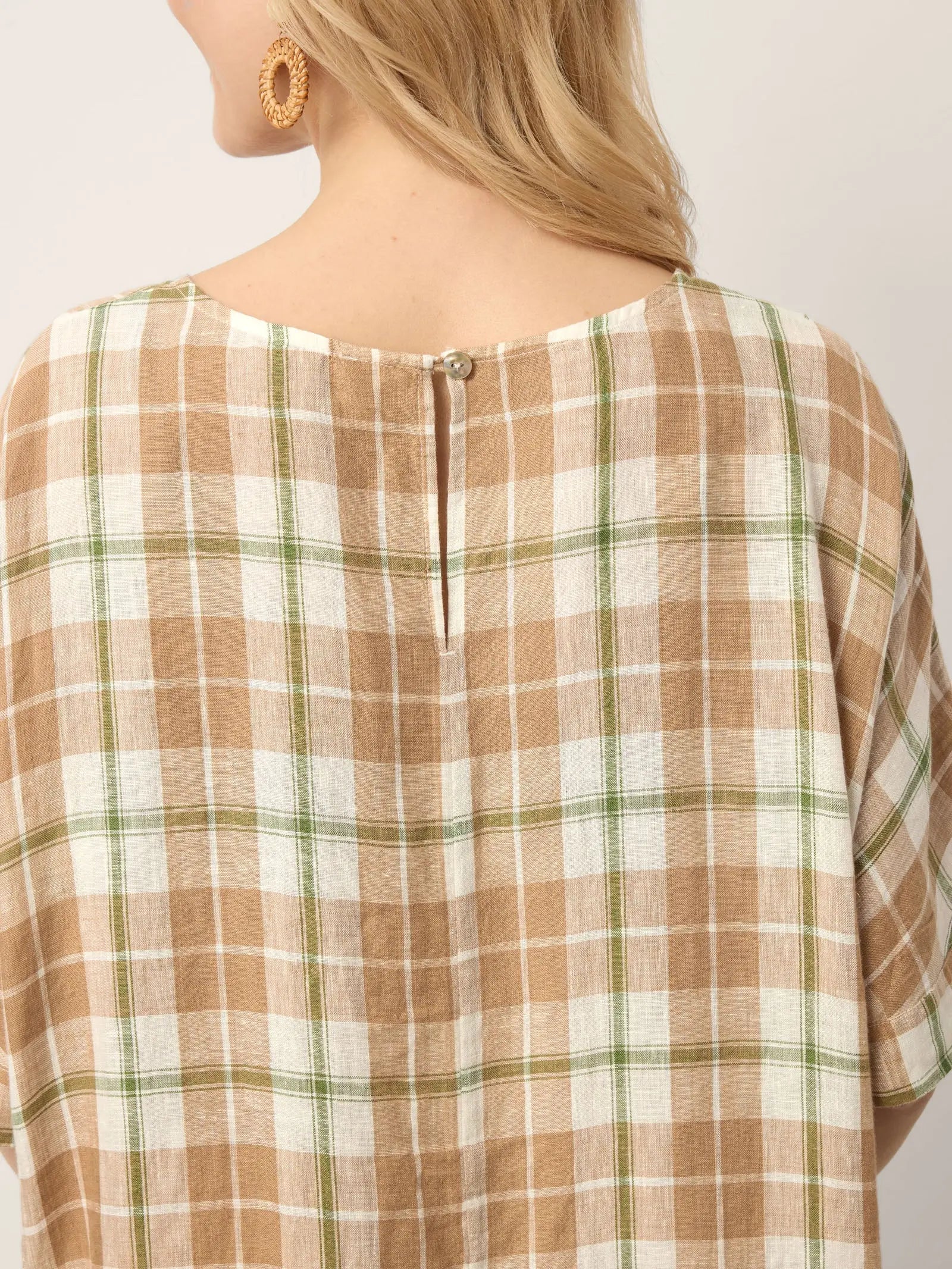 100% Linen Plaid Deep V-Neck Drop Shoulder Side Slit Midi Dress LESLIE by LINTICO