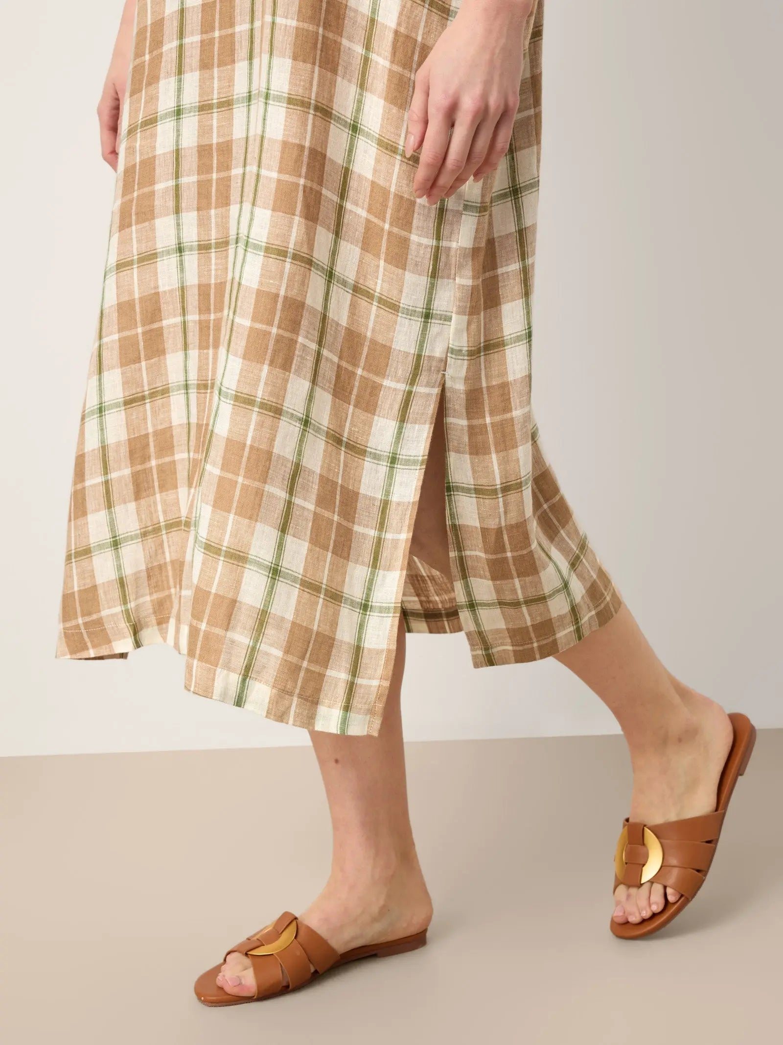 100% Linen Plaid Deep V-Neck Drop Shoulder Side Slit Midi Dress LESLIE by LINTICO
