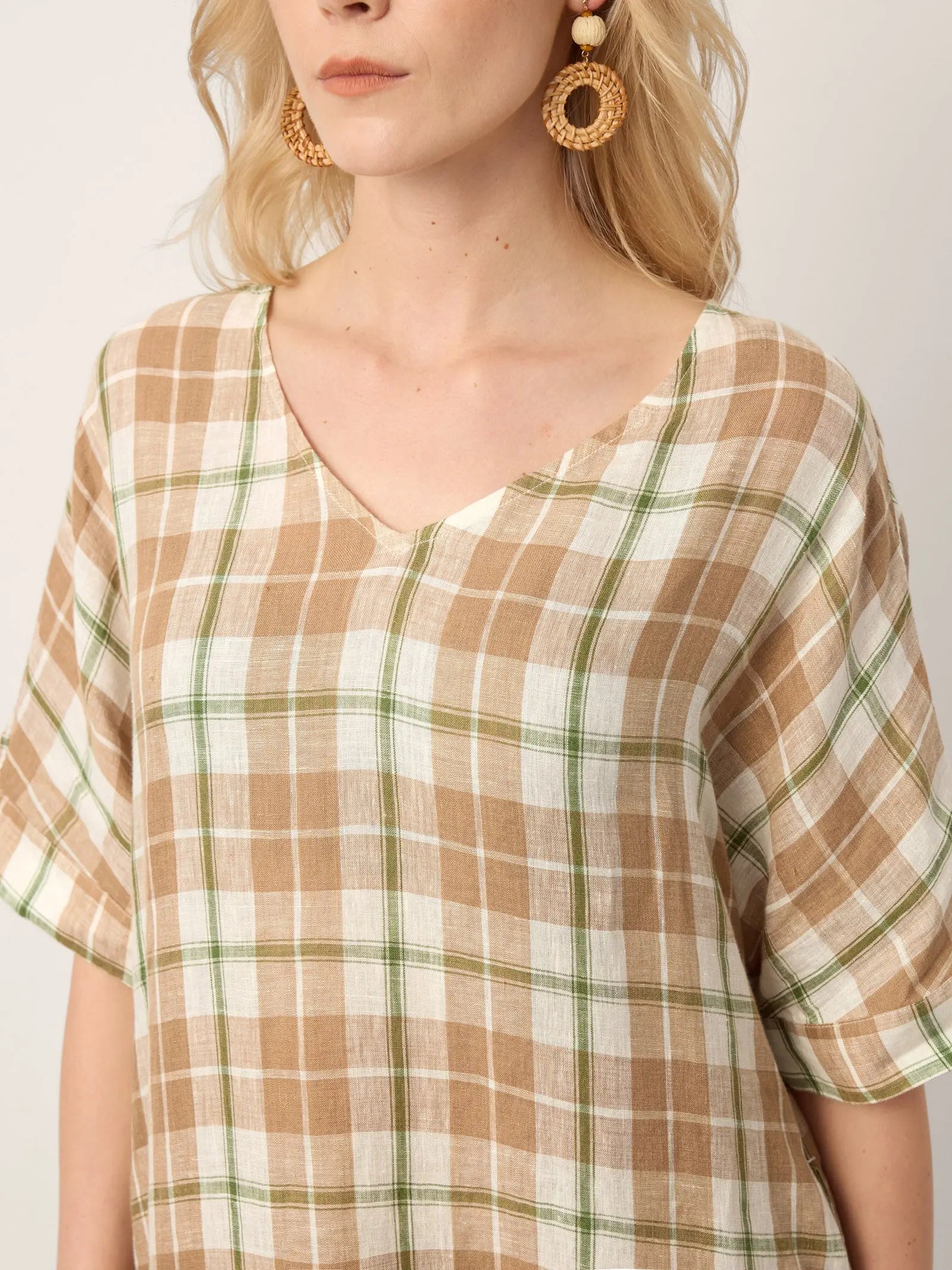 100% Linen Plaid Deep V-Neck Drop Shoulder Side Slit Midi Dress LESLIE by LINTICO