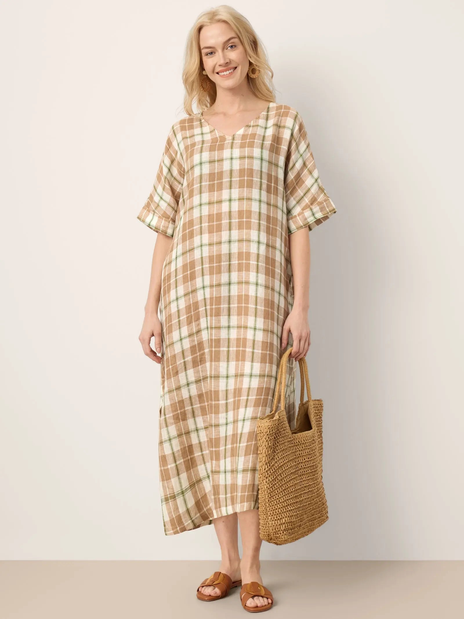 100% Linen Plaid Deep V-Neck Drop Shoulder Side Slit Midi Dress LESLIE by LINTICO