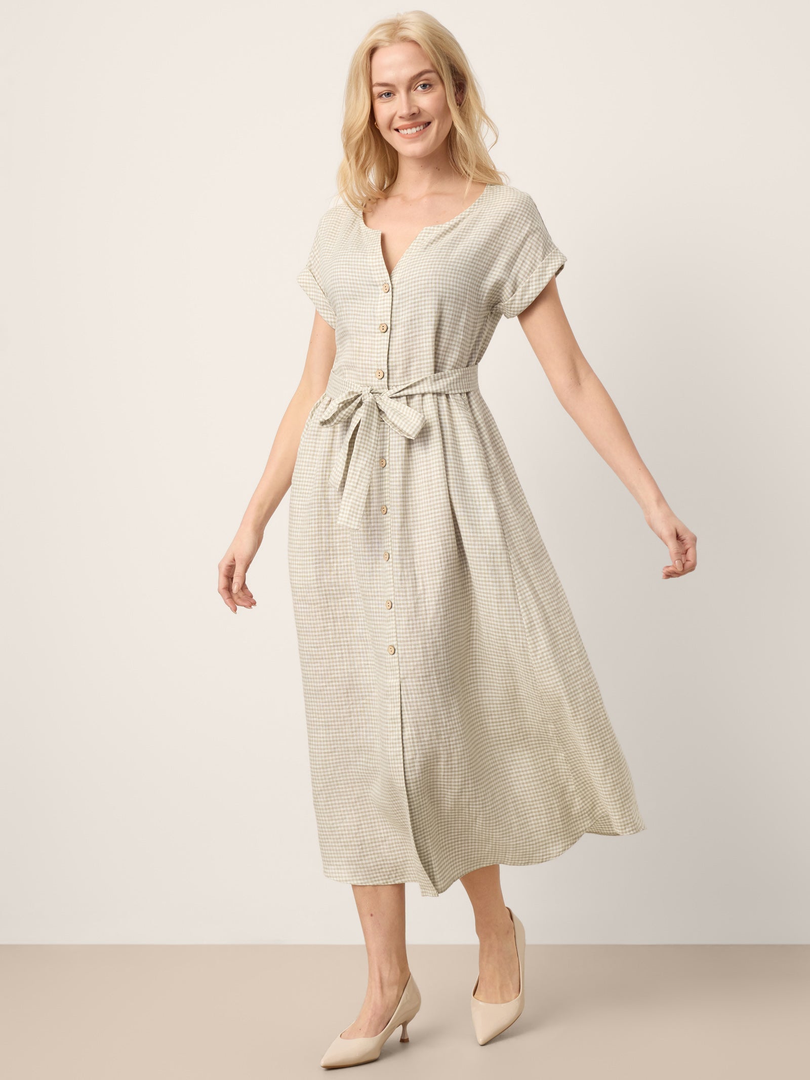 100% Linen Plaid Detachable Tie-Belt Button-Front Maxi Dress LARISSA by LINTICO