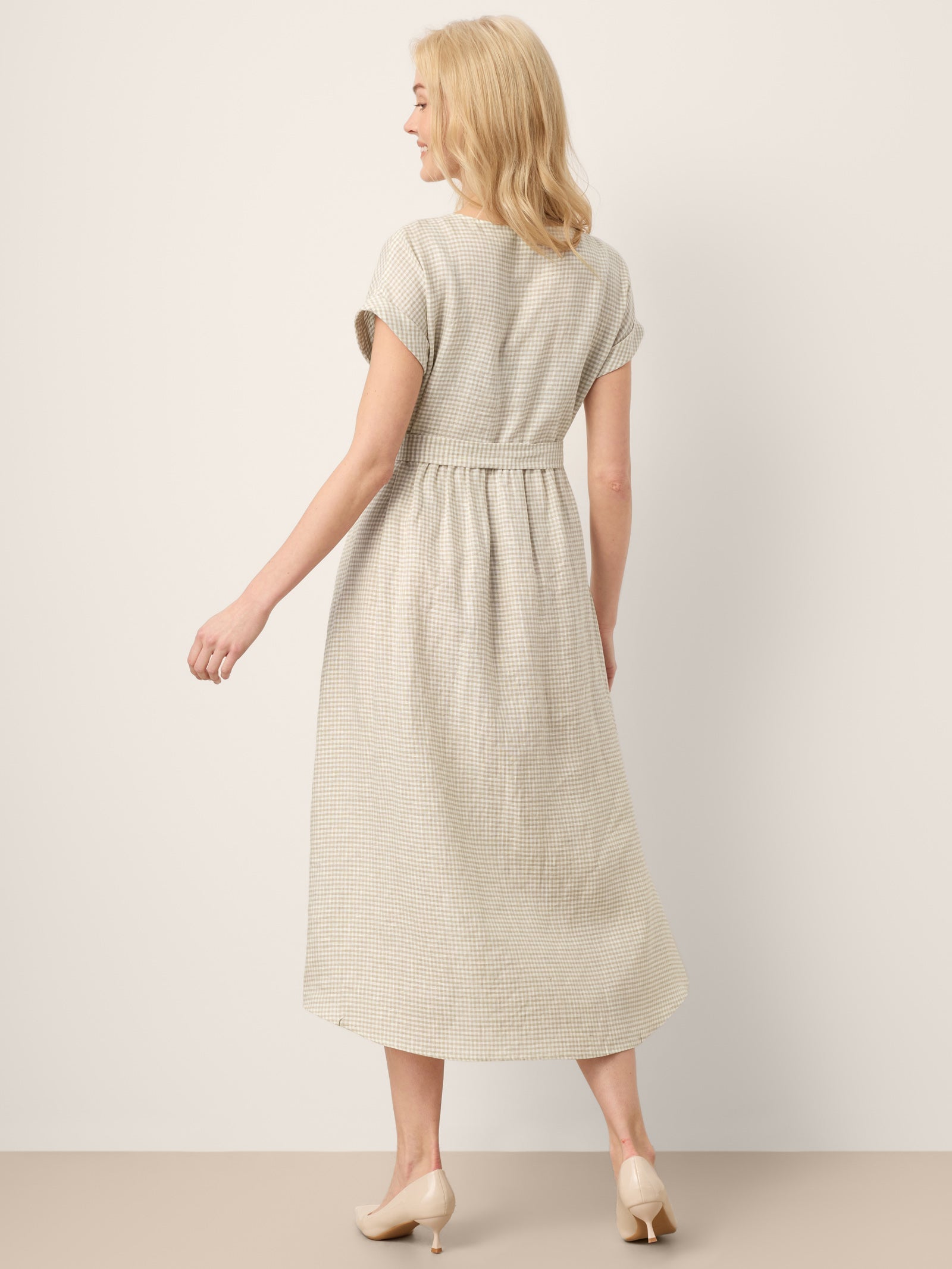 100% Linen Plaid Detachable Tie-Belt Button-Front Maxi Dress LARISSA by LINTICO