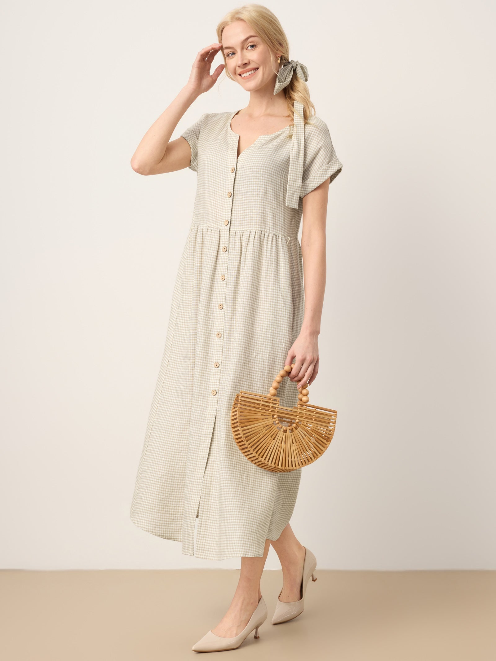 100% Linen Plaid Detachable Tie-Belt Button-Front Maxi Dress LARISSA by LINTICO