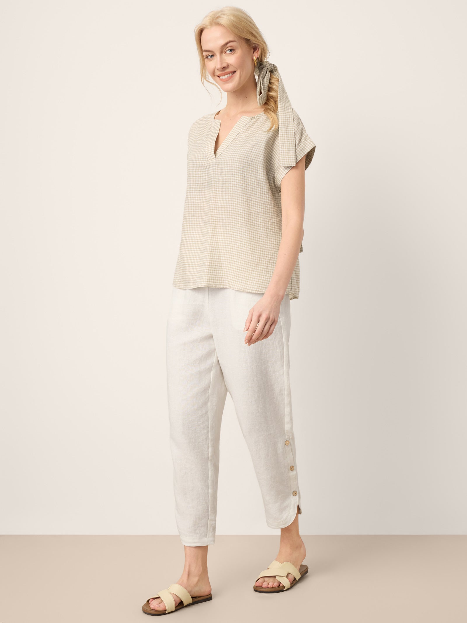 100% Linen Plaid Detachable Tie-Belt Split-Neck Top LEXIE DestGlow