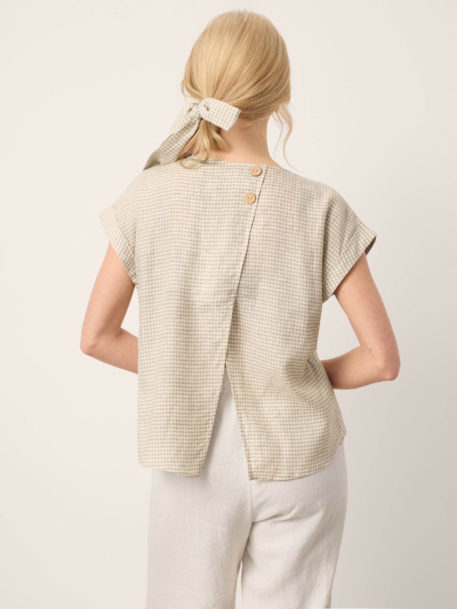 100% Linen Plaid Detachable Tie-Belt Split-Neck Top LEXIE DestGlow