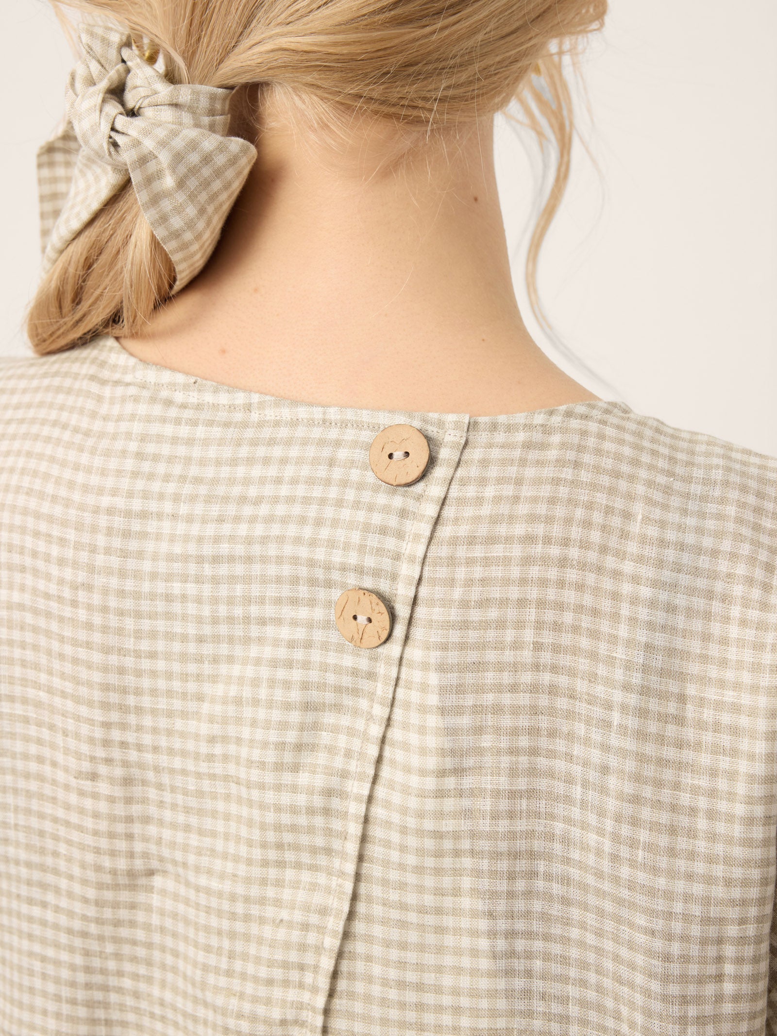 100% Linen Plaid Detachable Tie-Belt Split-Neck Top LEXIE DestGlow