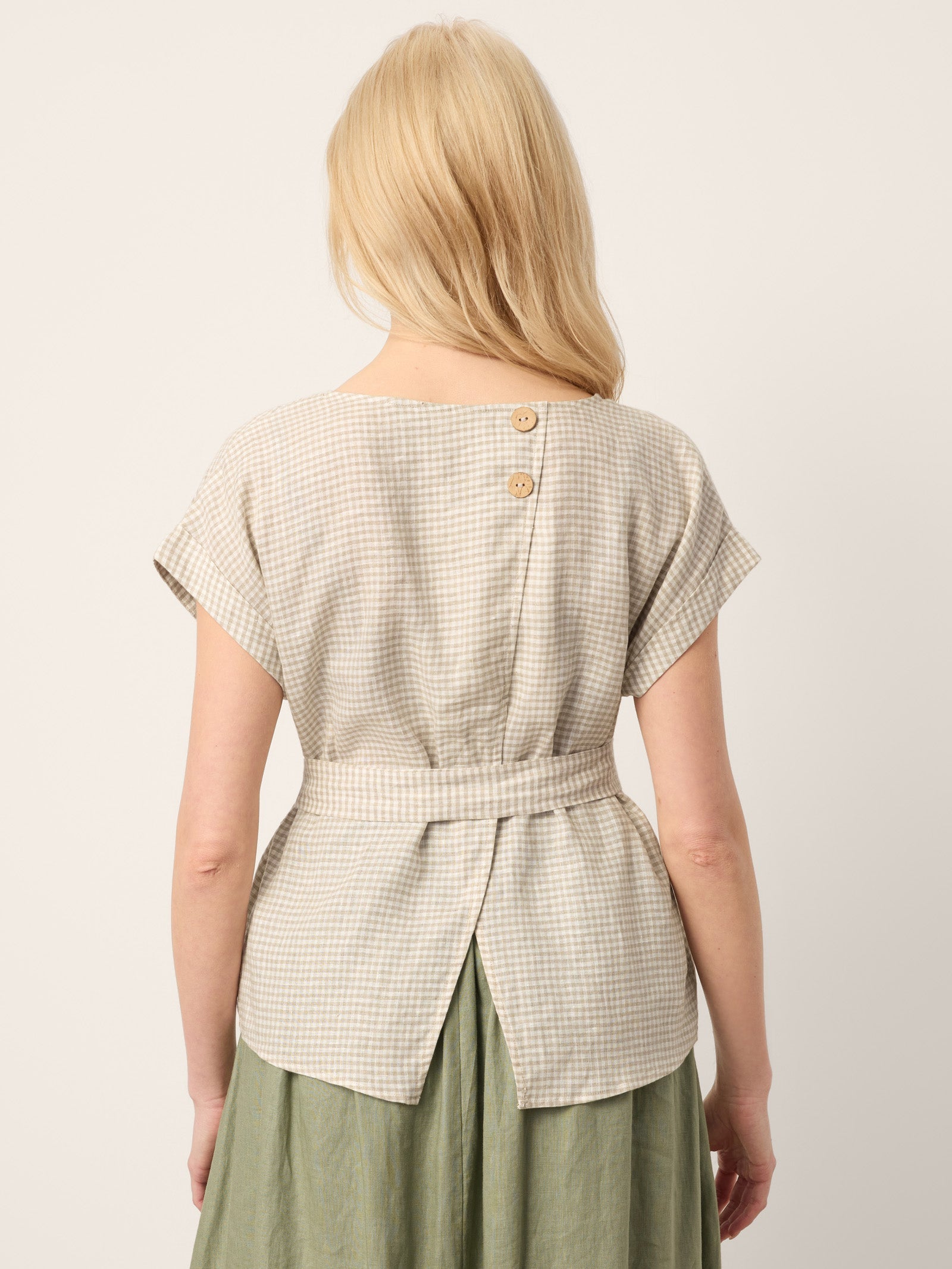 100% Linen Plaid Detachable Tie-Belt Split-Neck Top LEXIE DestGlow