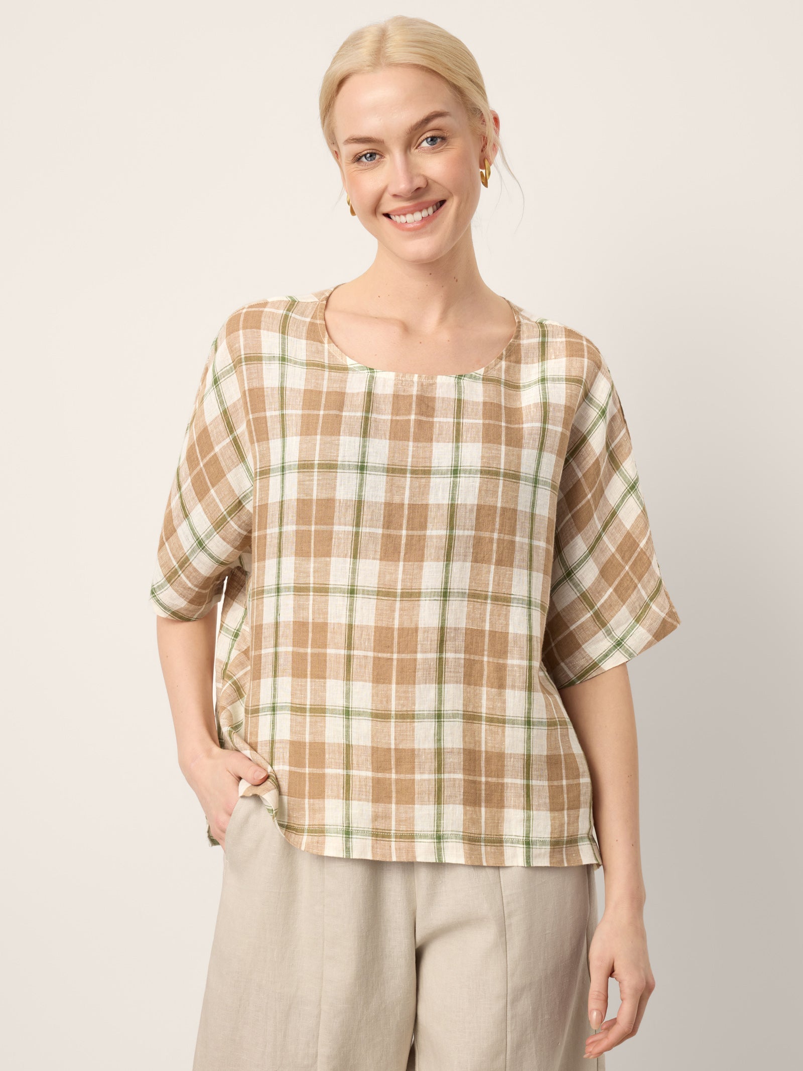 100% Linen Plaid Drop Shoulder Side Slit Top LORNA by LINTICO