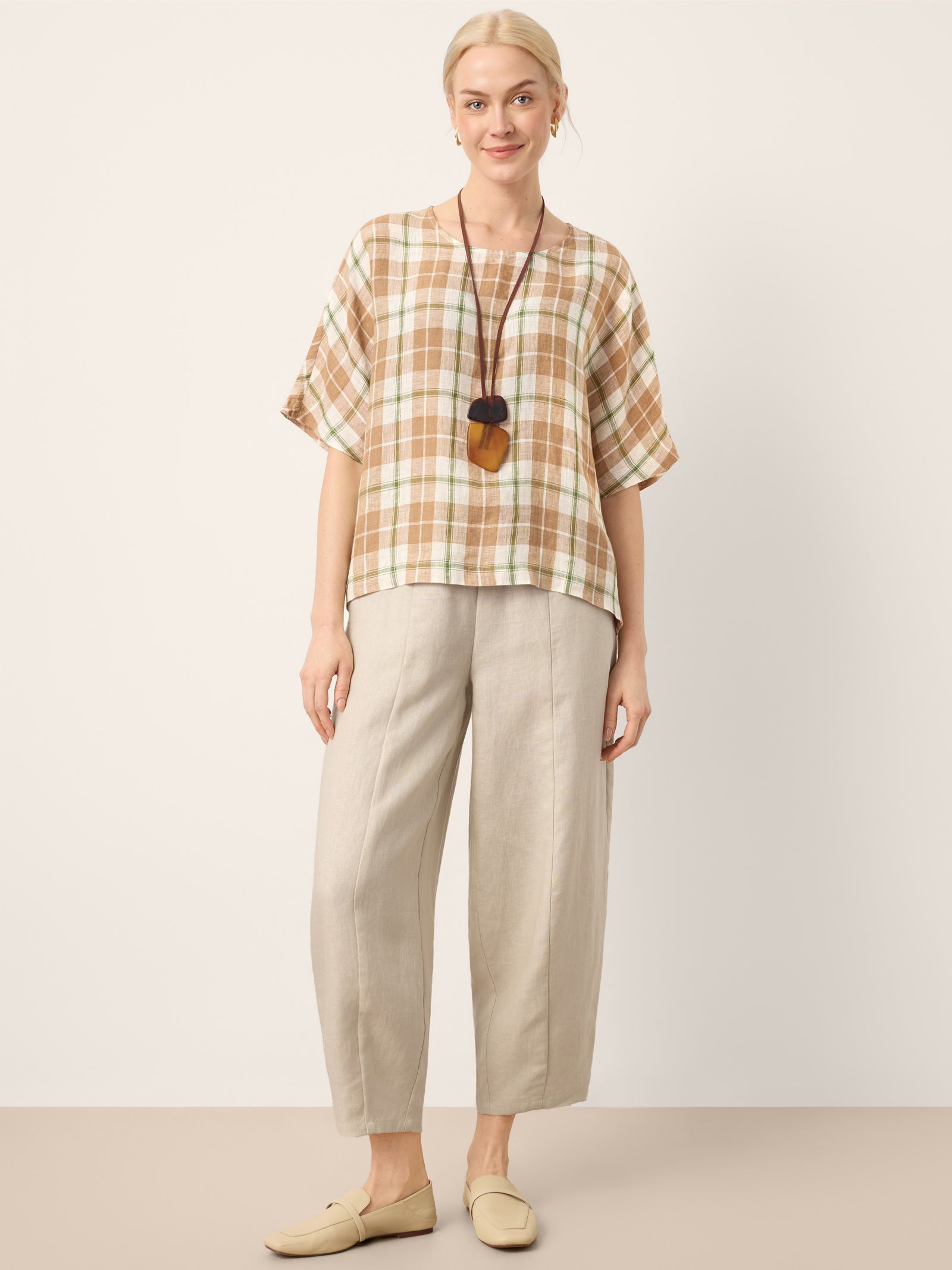 100% Linen Plaid Drop Shoulder Side Slit Top LORNA by LINTICO