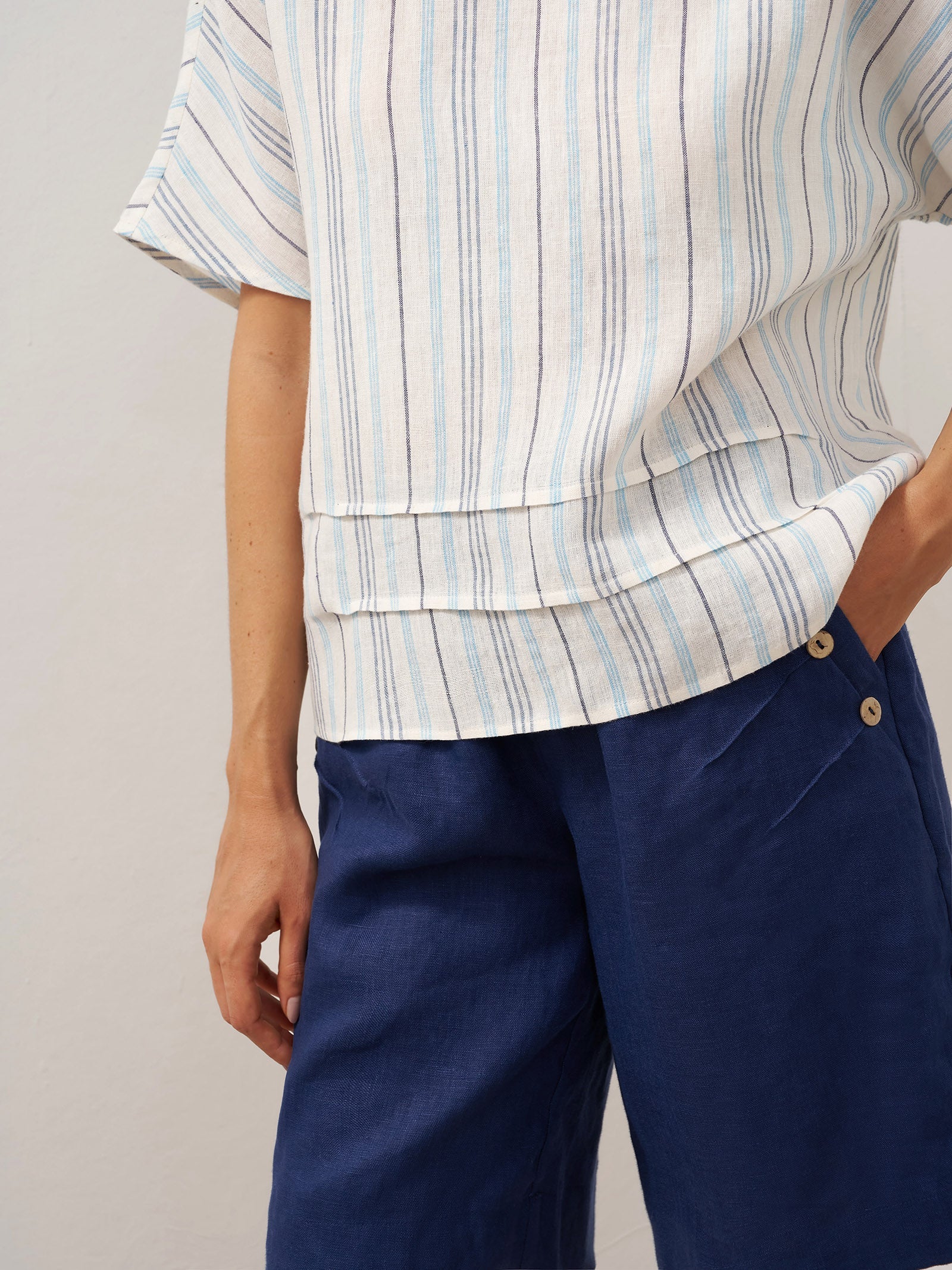 100% Linen Pleated Striped Pullover Top VIA by LINTICO