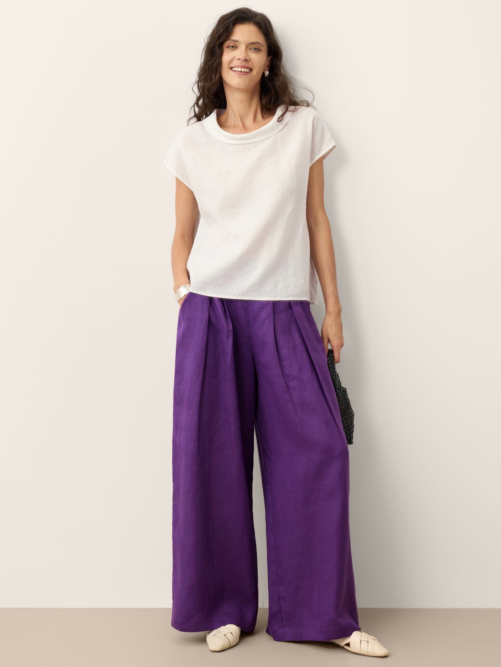 100% Linen Pleated Waist Wide Leg Pants LOUISA DestGlow