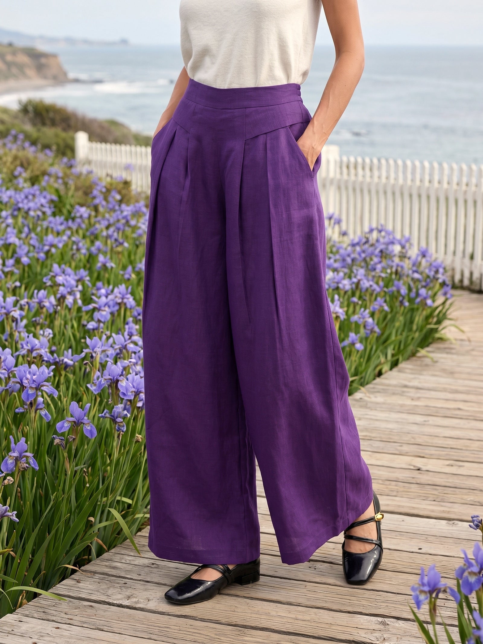100% Linen Pleated Waist Wide Leg Pants LOUISA DestGlow