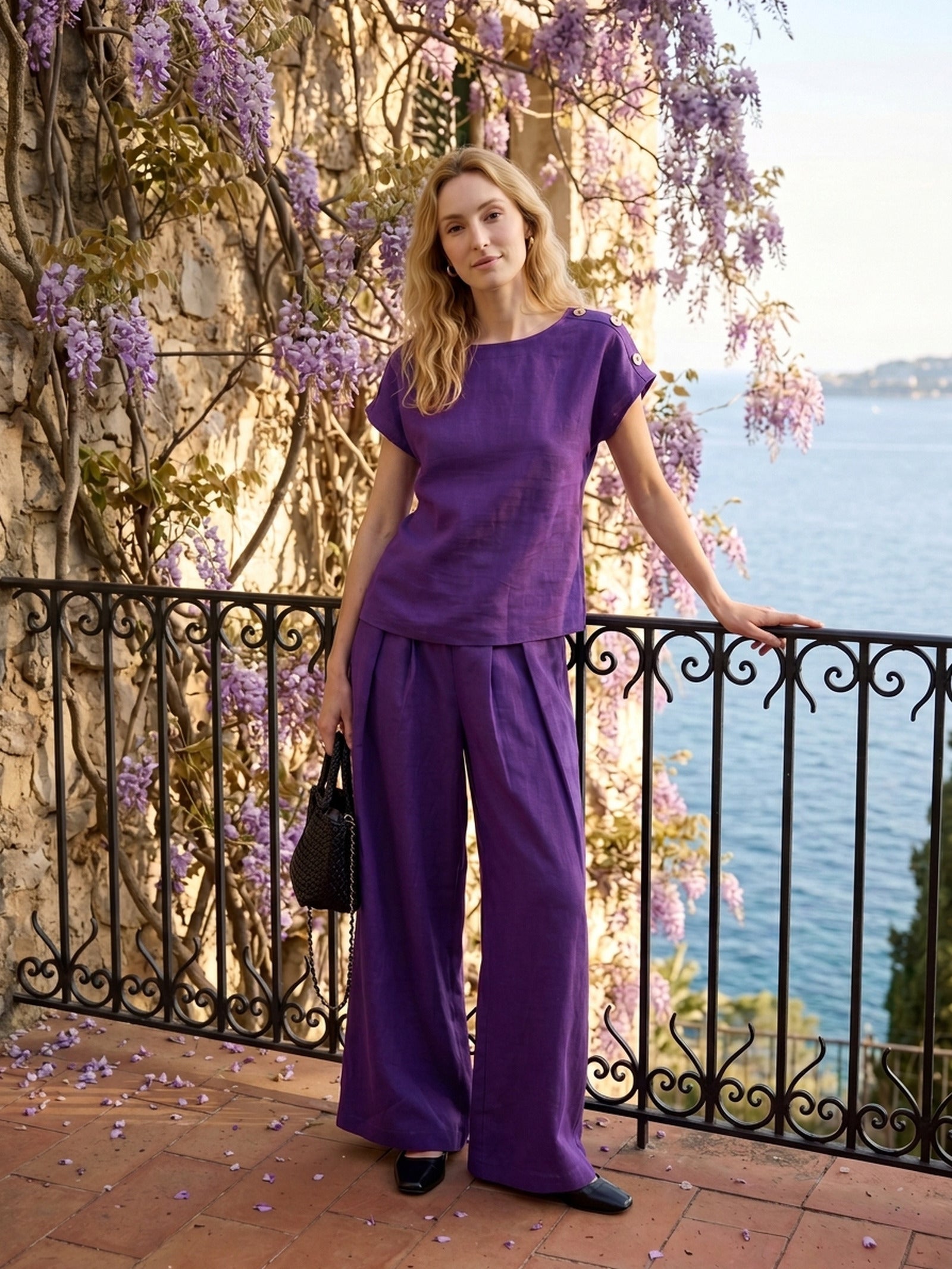 100% Linen Pleated Waist Wide Leg Pants LOUISA DestGlow