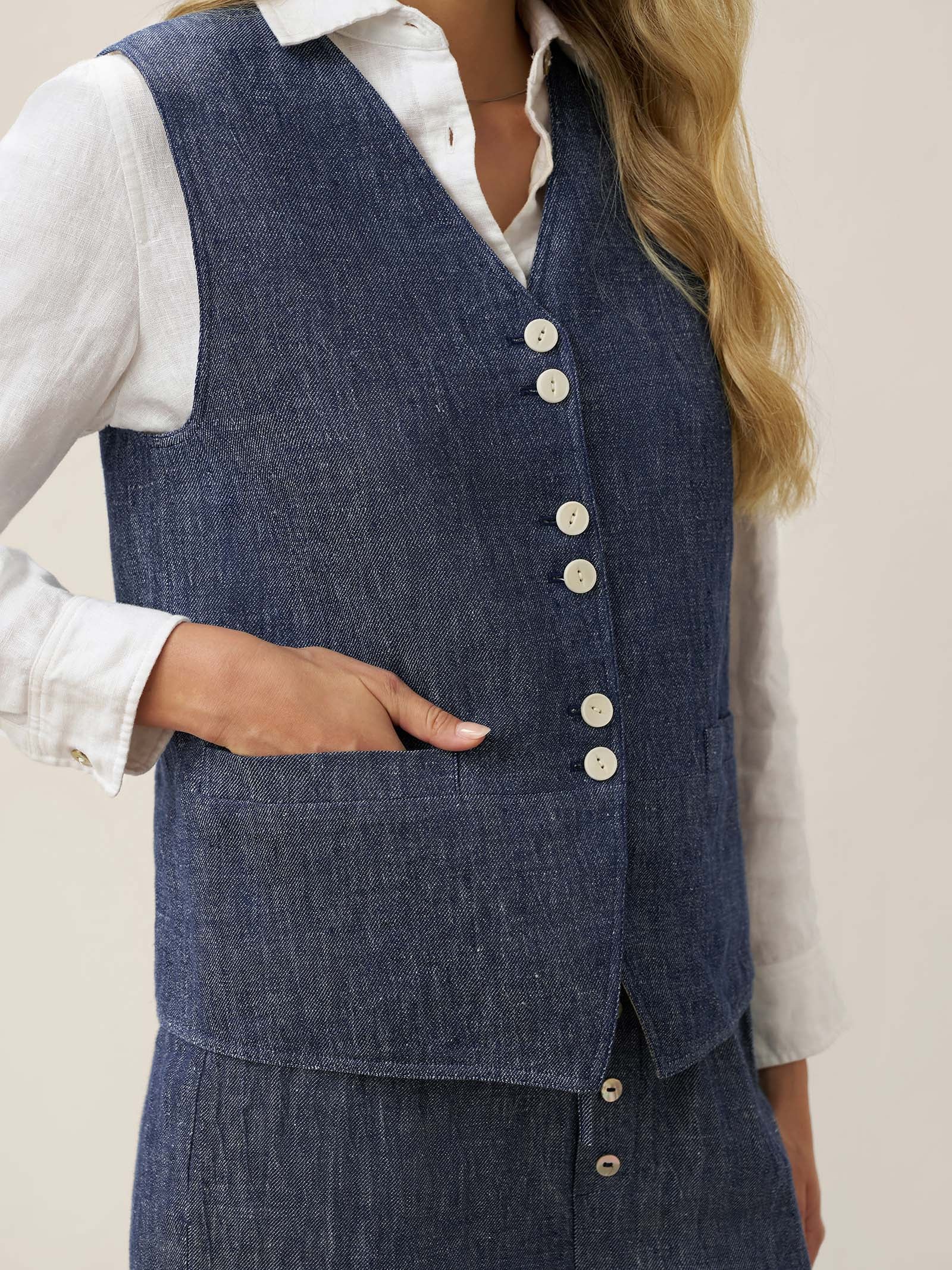 100% Linen Reversible Denim Texture Button Front Vest HARPER by LINTICO