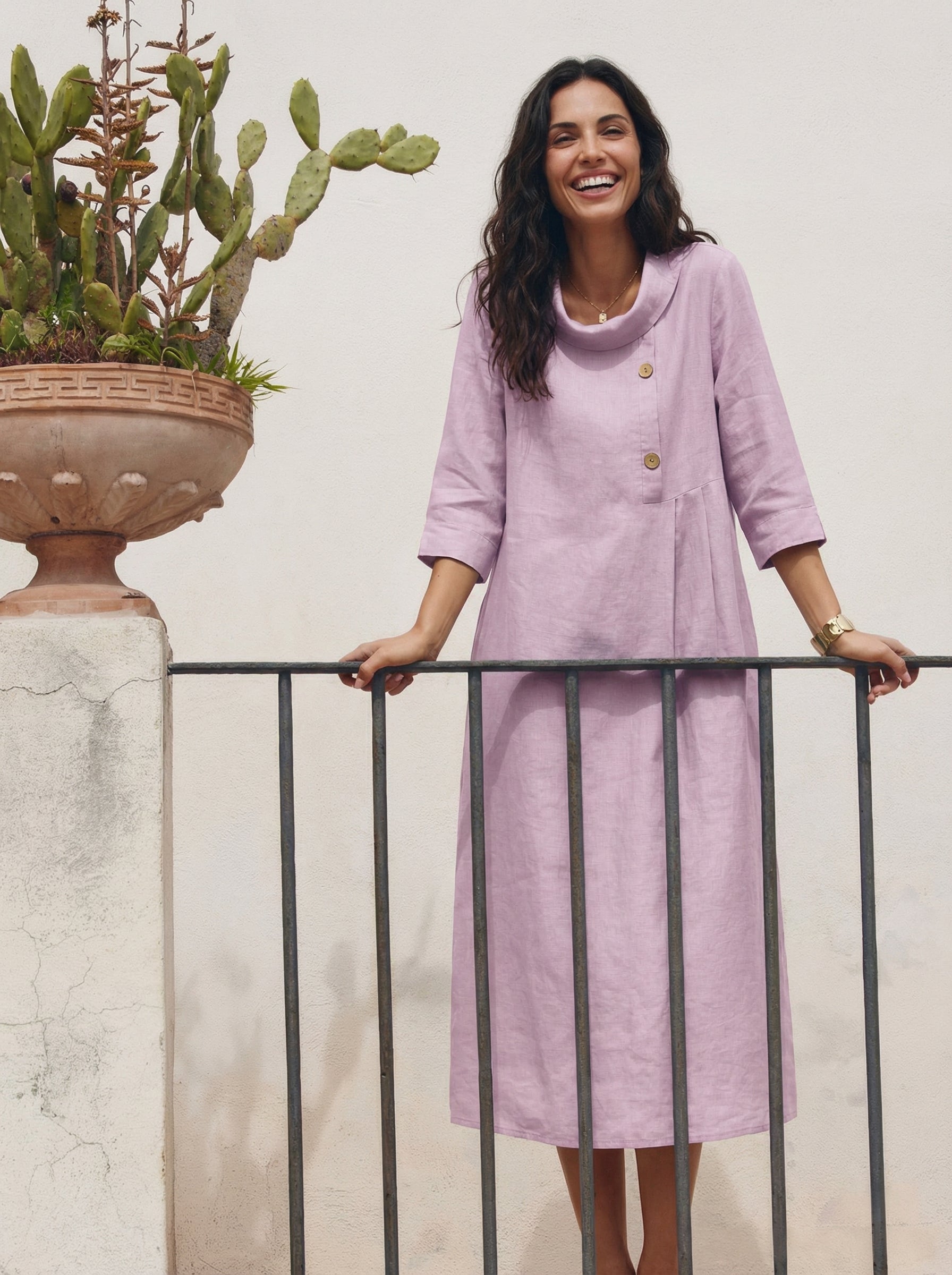 100% Linen Rolled Collar Asymmetric Button Midi Dress ELARAINE
