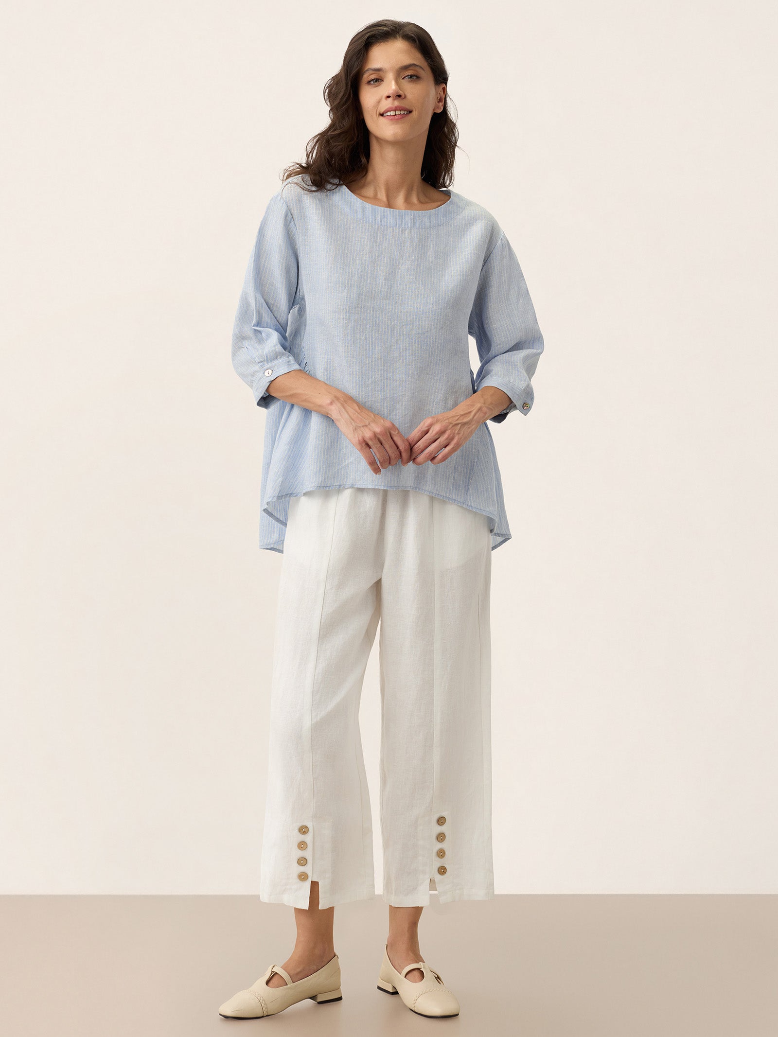 100% Linen Round Neck Artistic Stripe Top FLORENCE by LINTICO
