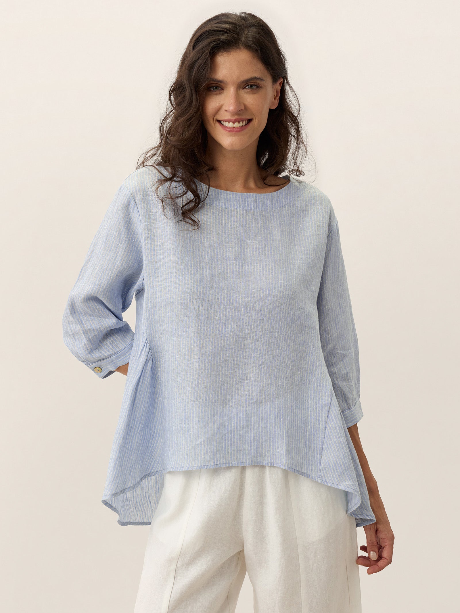 100% Linen Round Neck Artistic Stripe Top FLORENCE by LINTICO