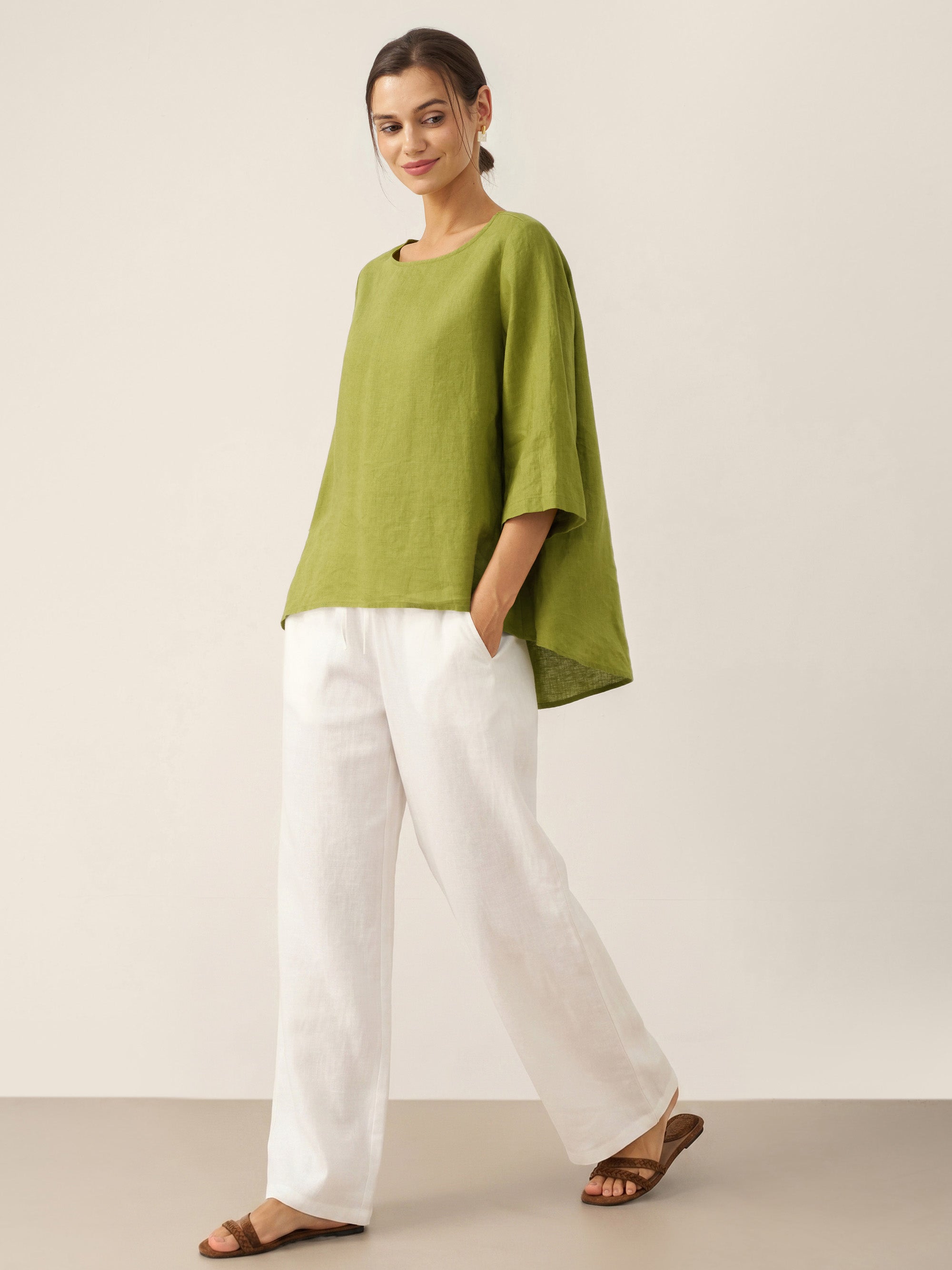 100% Linen Round Neck Asymmetrical Hem Top BRIANNA by LINTICO
