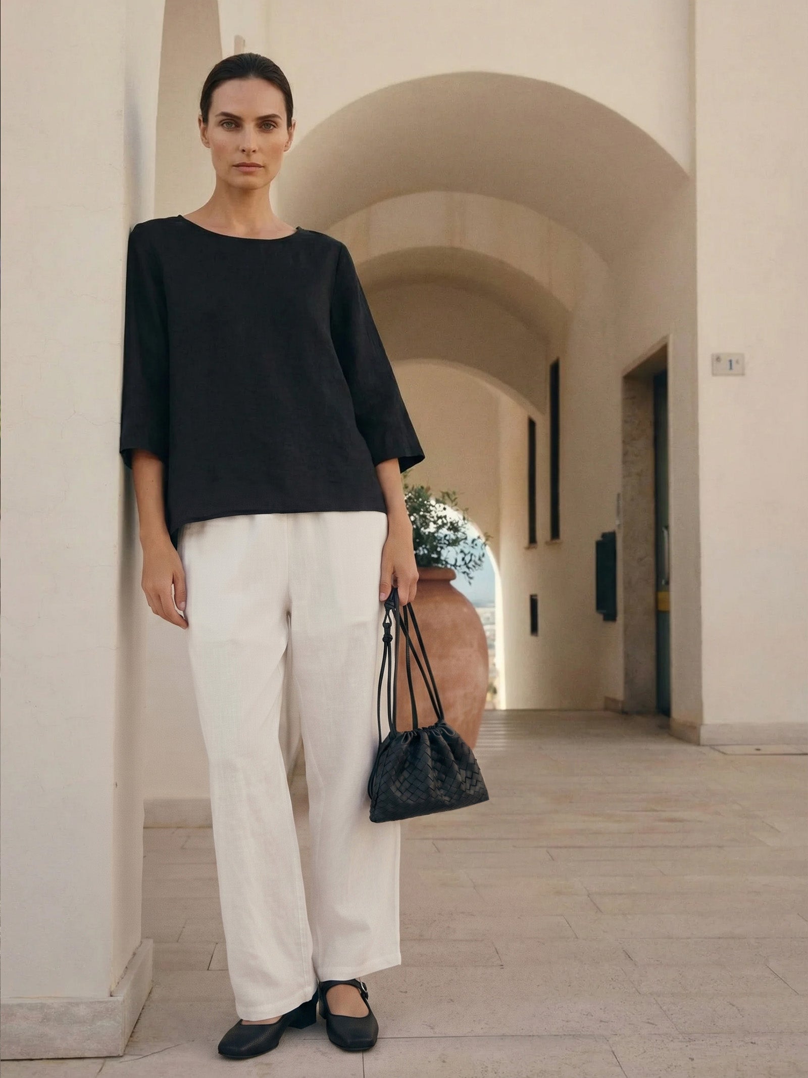 100% Linen Round Neck Asymmetrical Hem Top BRIANNA by LINTICO