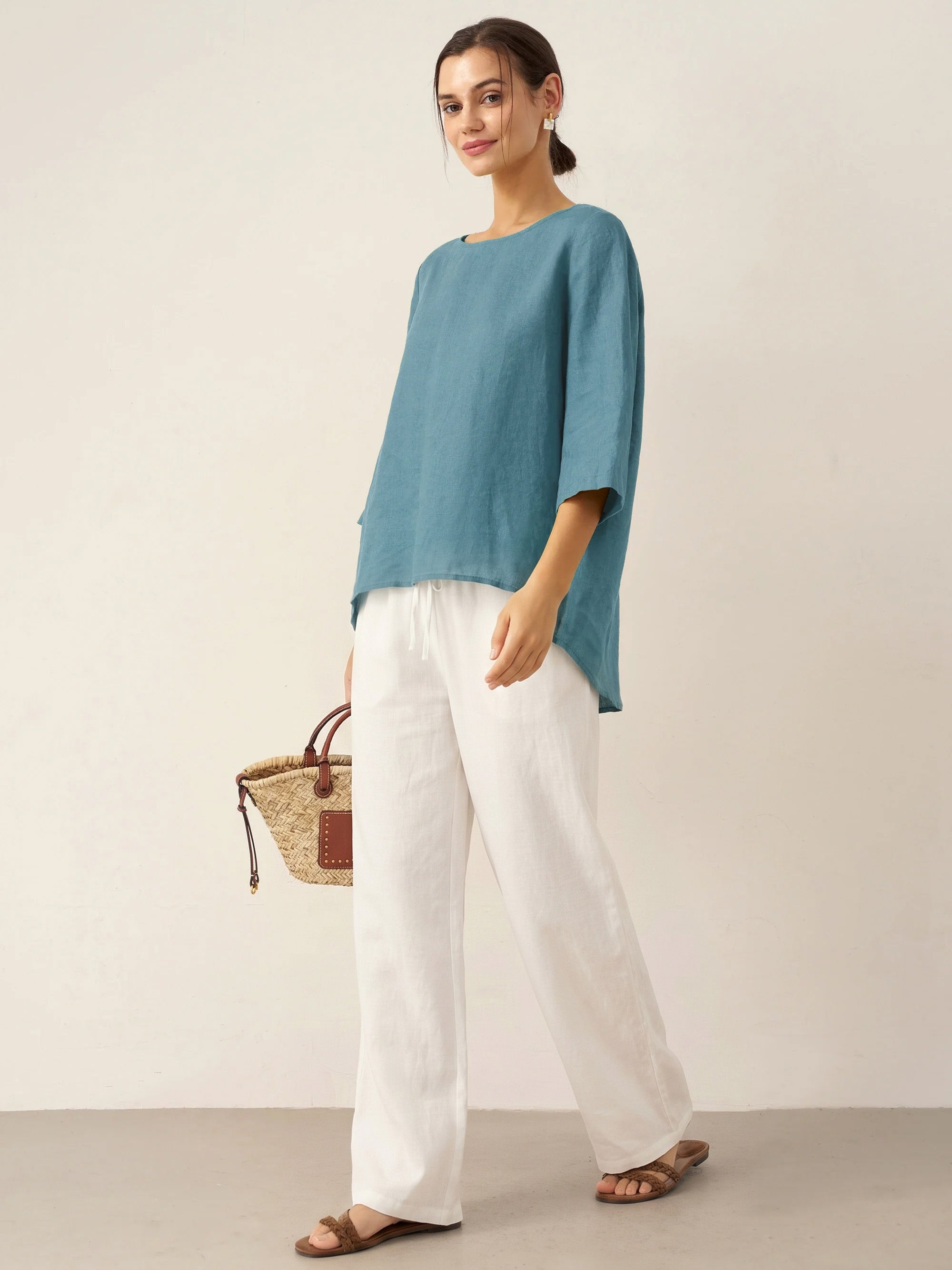 100% Linen Round Neck Asymmetrical Hem Top BRIANNA by LINTICO
