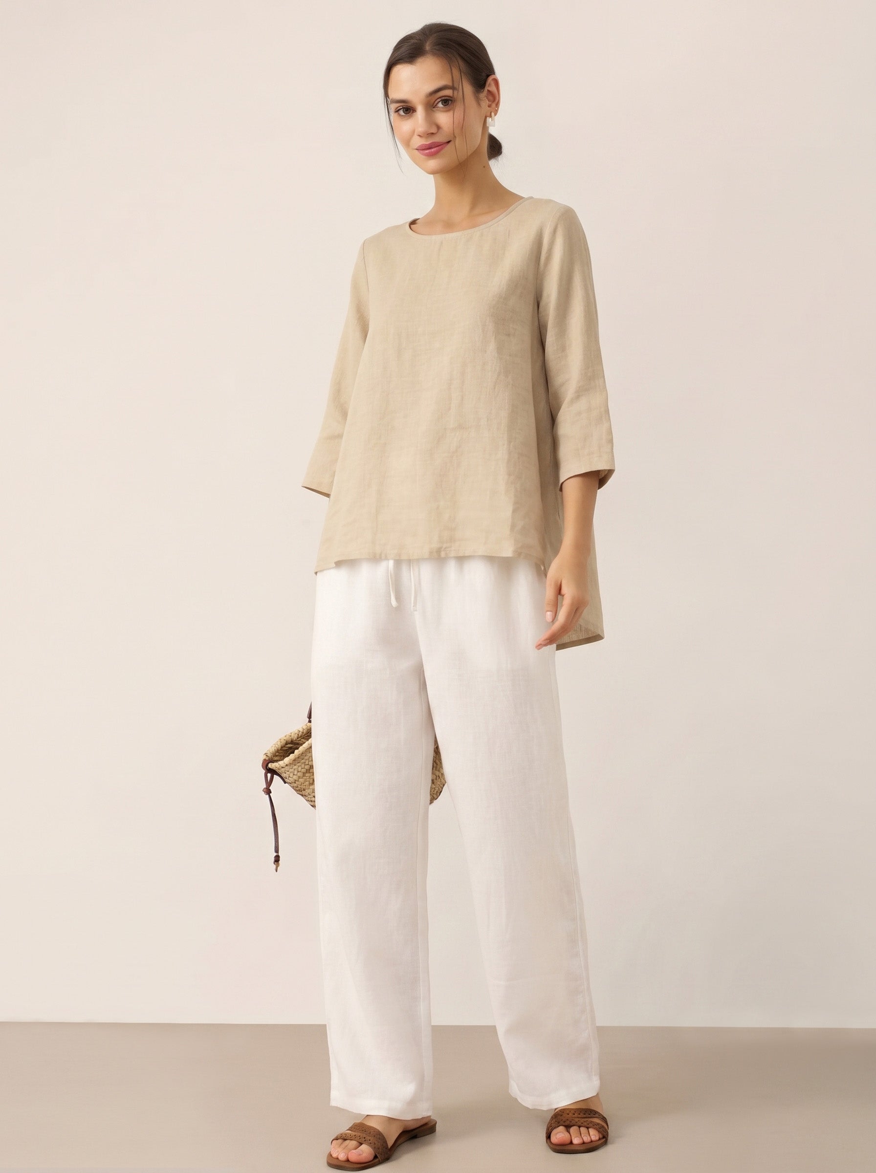 100% Linen Round Neck Asymmetrical Hem Top BRIANNA by LINTICO