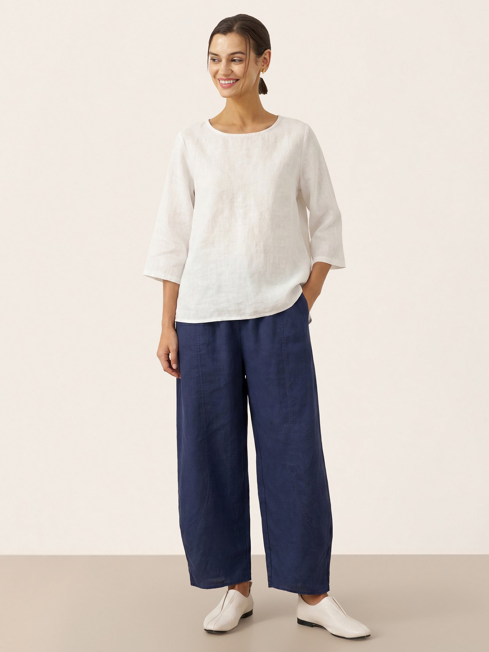 100% Linen Round Neck Asymmetrical Hem Top BRIANNA by LINTICO