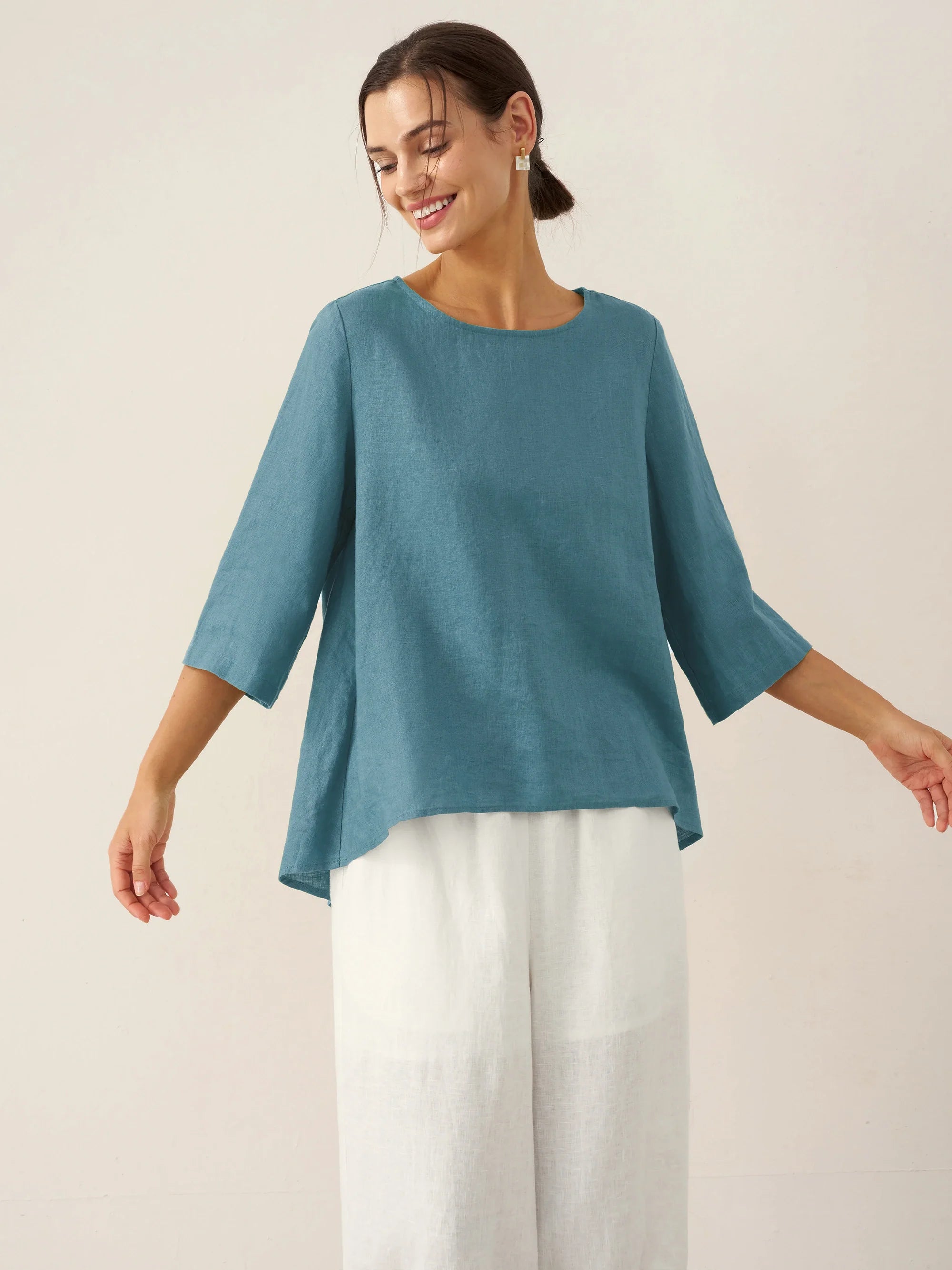 100% Linen Round Neck Asymmetrical Hem Top BRIANNA by LINTICO