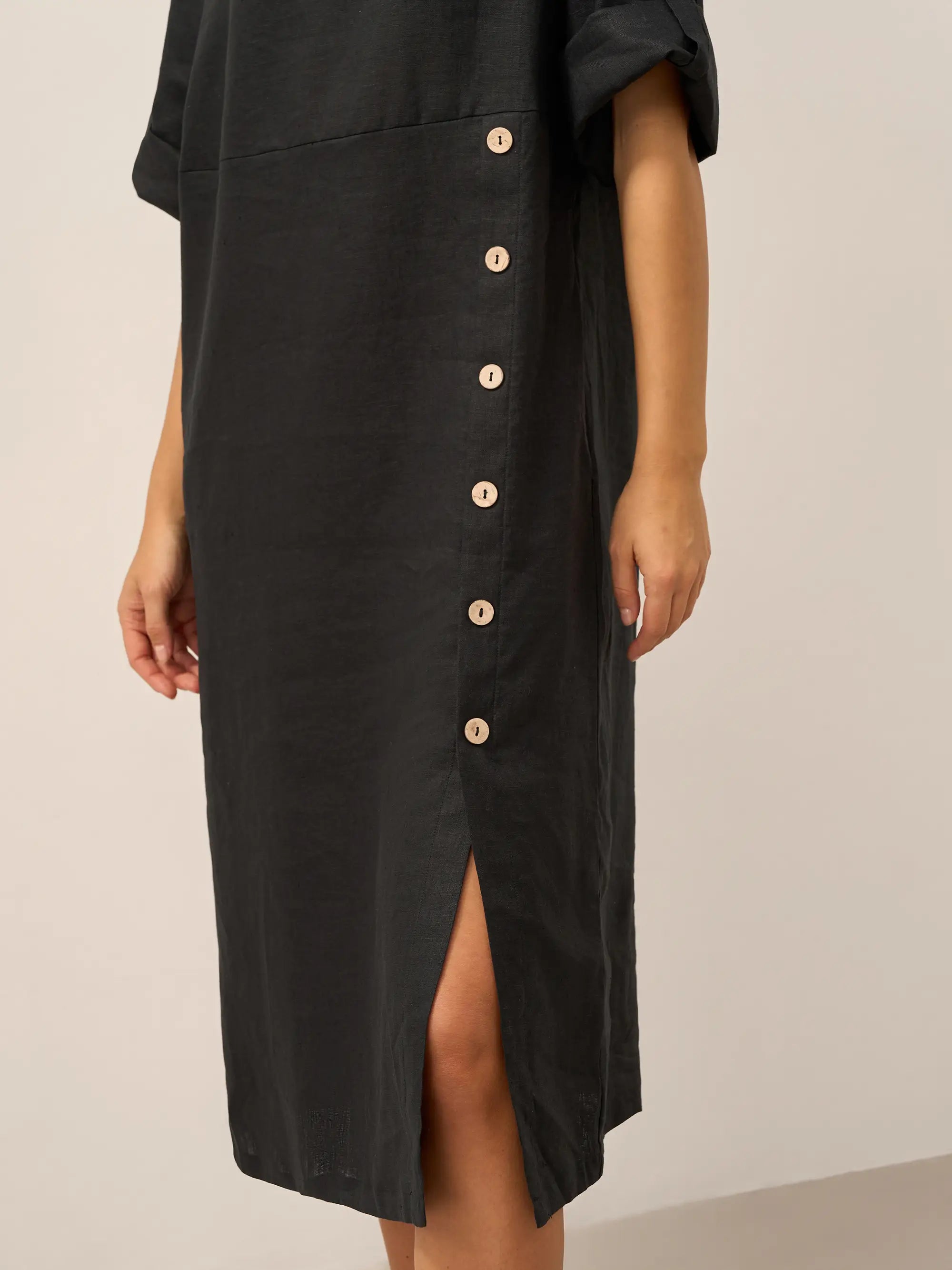 100% Linen Round Neck Button Detail Midi Dress JELENA by LINTICO