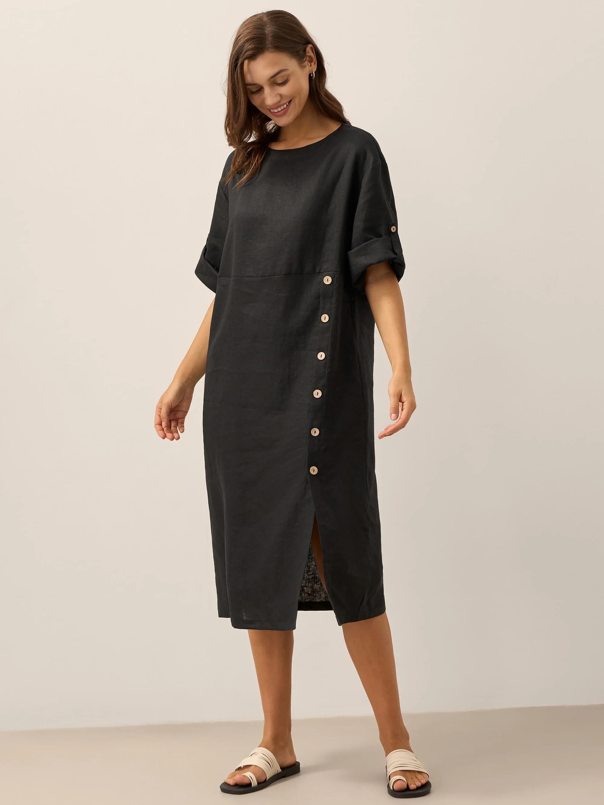 100% Linen Round Neck Button Detail Midi Dress JELENA by LINTICO