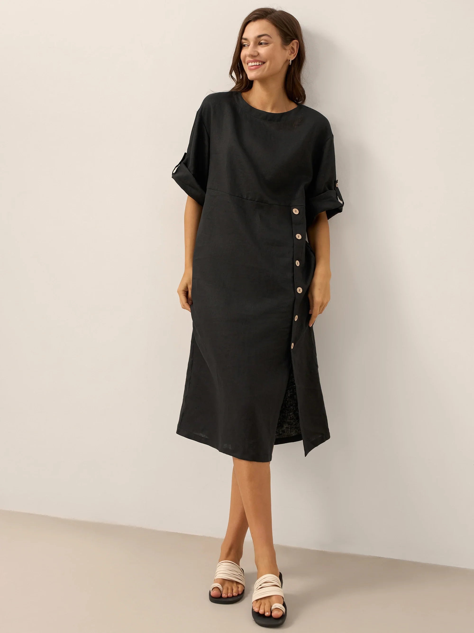 100% Linen Round Neck Button Detail Midi Dress JELENA by LINTICO